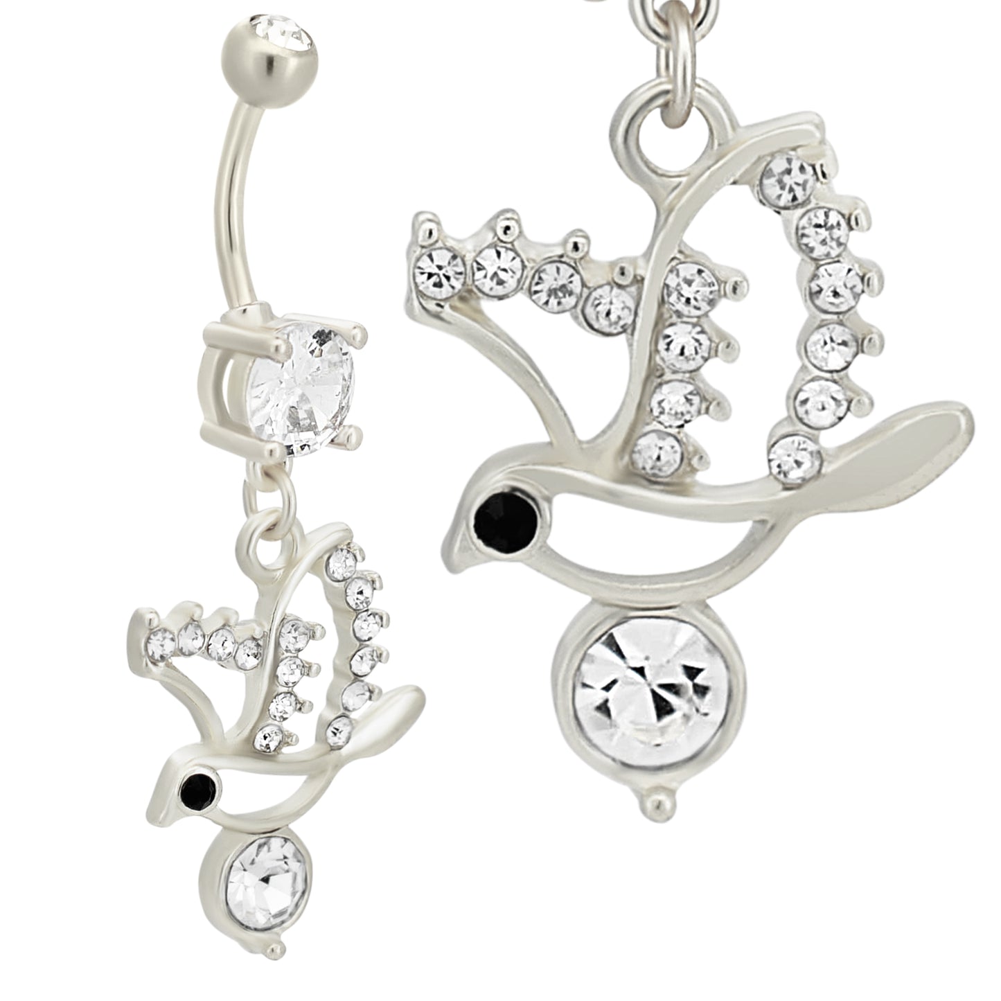 Stainless Steel Round Zircon Belly Ring with Dangling Flying Bird, Unique Bird Navel Ring, Sparkling Navel Piercing Jewelry