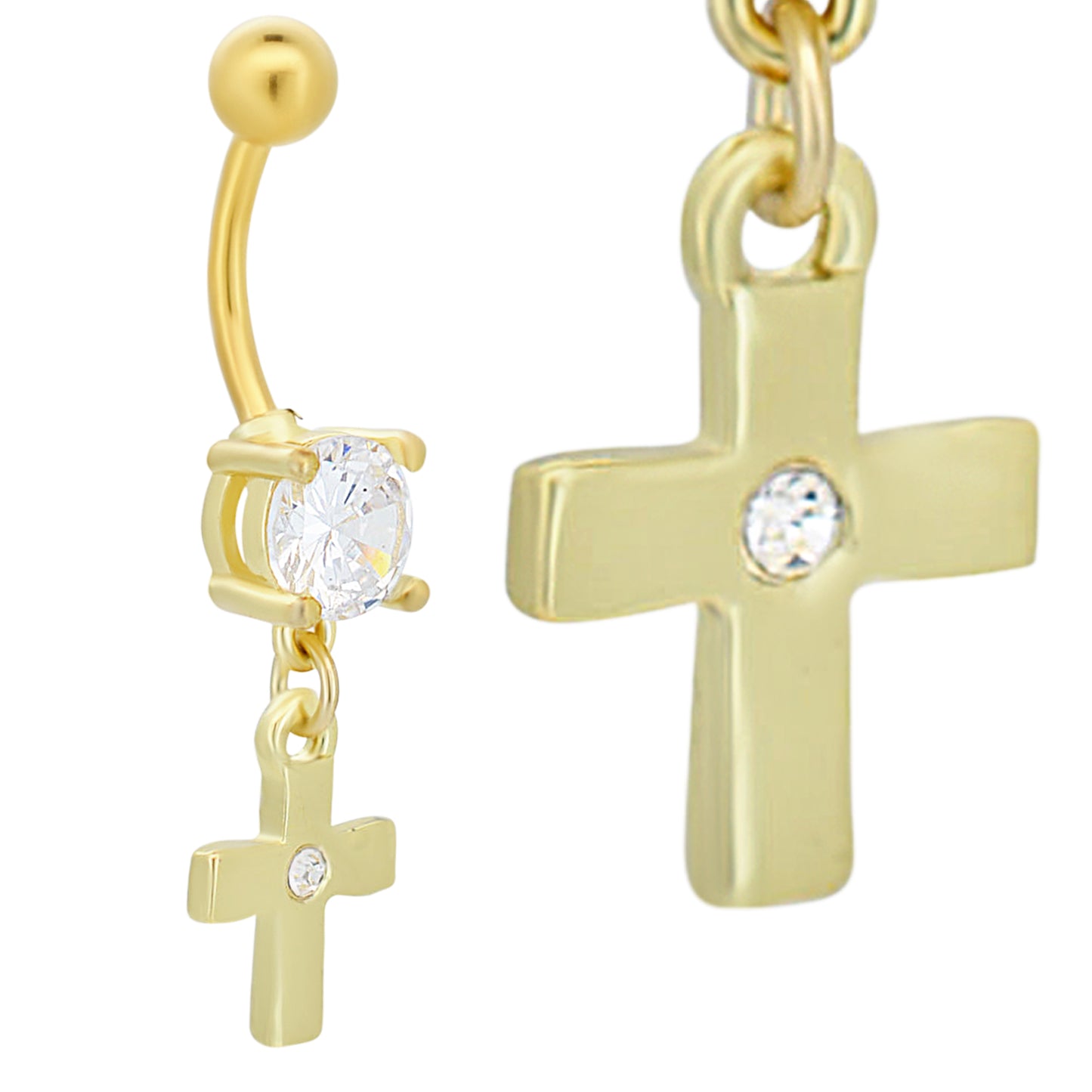 316L Stainless Steel Dangling Belly Ring, Plain Cross with Zircon Center, Trendy Navel Jewelry