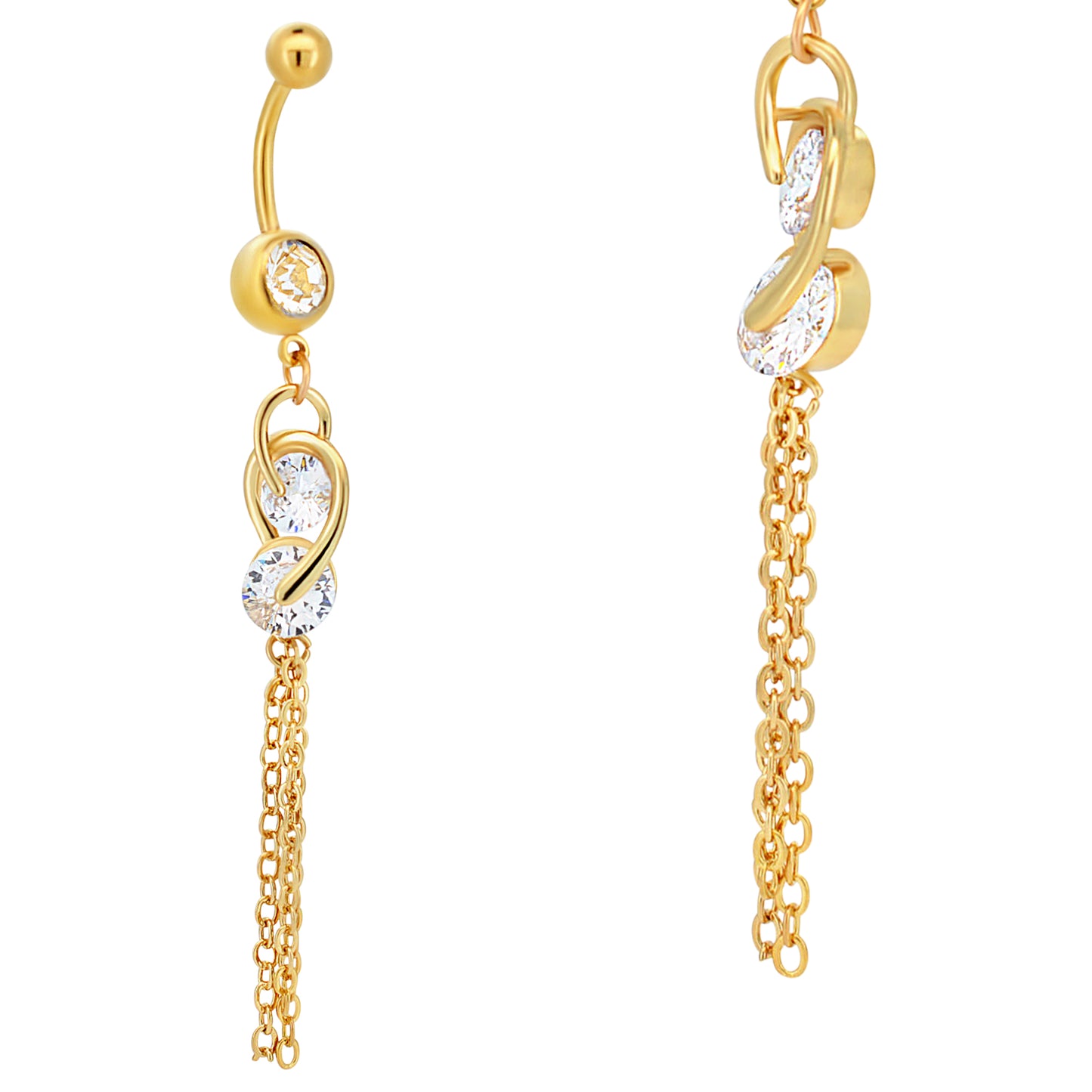 Dangling Double CZ Chain Drop Belly Ring, Stainless Steel Belly Piercing, Unique Navel Jewelry, Sparkling Dangle