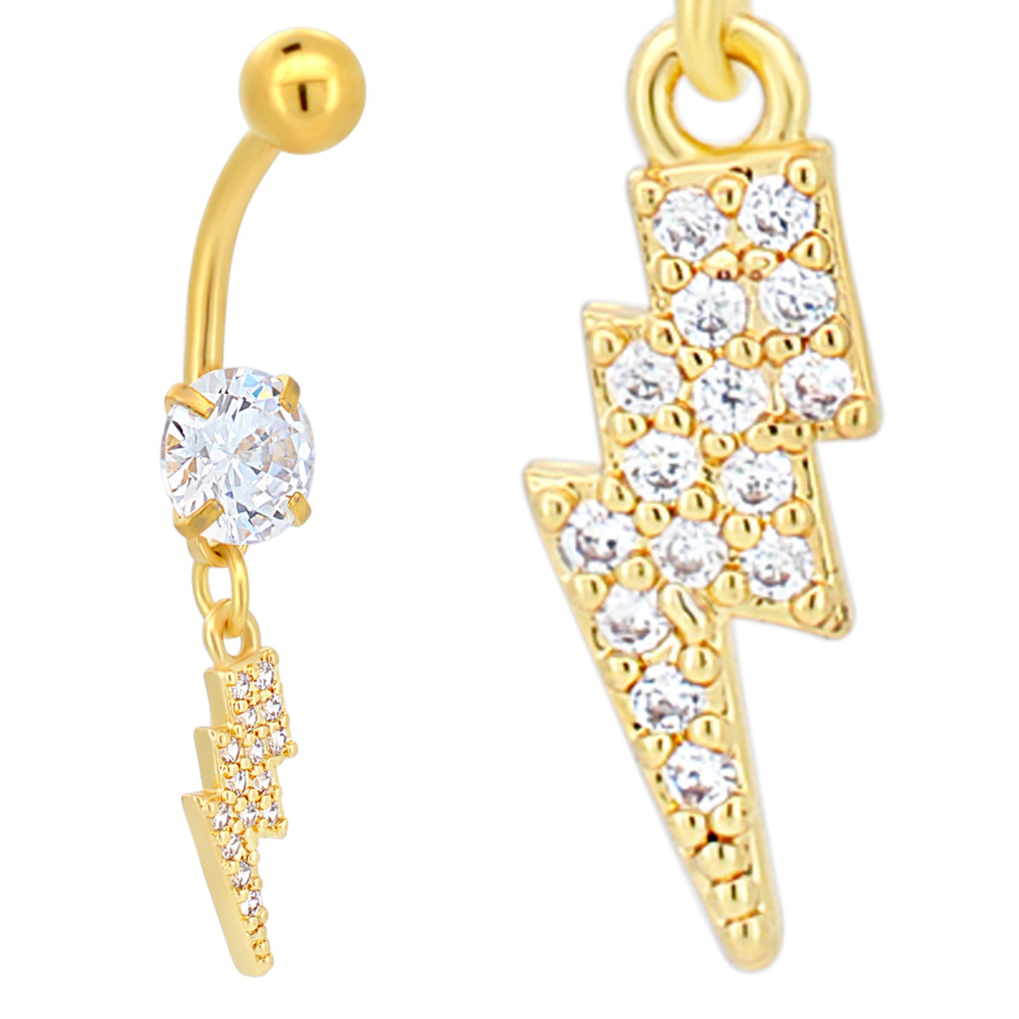 Multi CZ Belly Ring, Stainless Steel Dangling Lightning Bolt Navel Piercing, Unique Jewelry