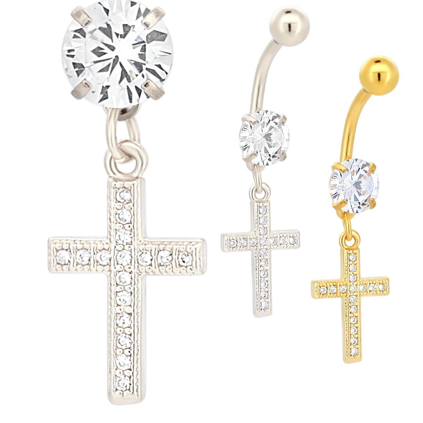 Stainless Steel Dangling Cross Belly Ring with Multi CZ, Religious Belly Piercing, Body Jewelry, Gift for Her