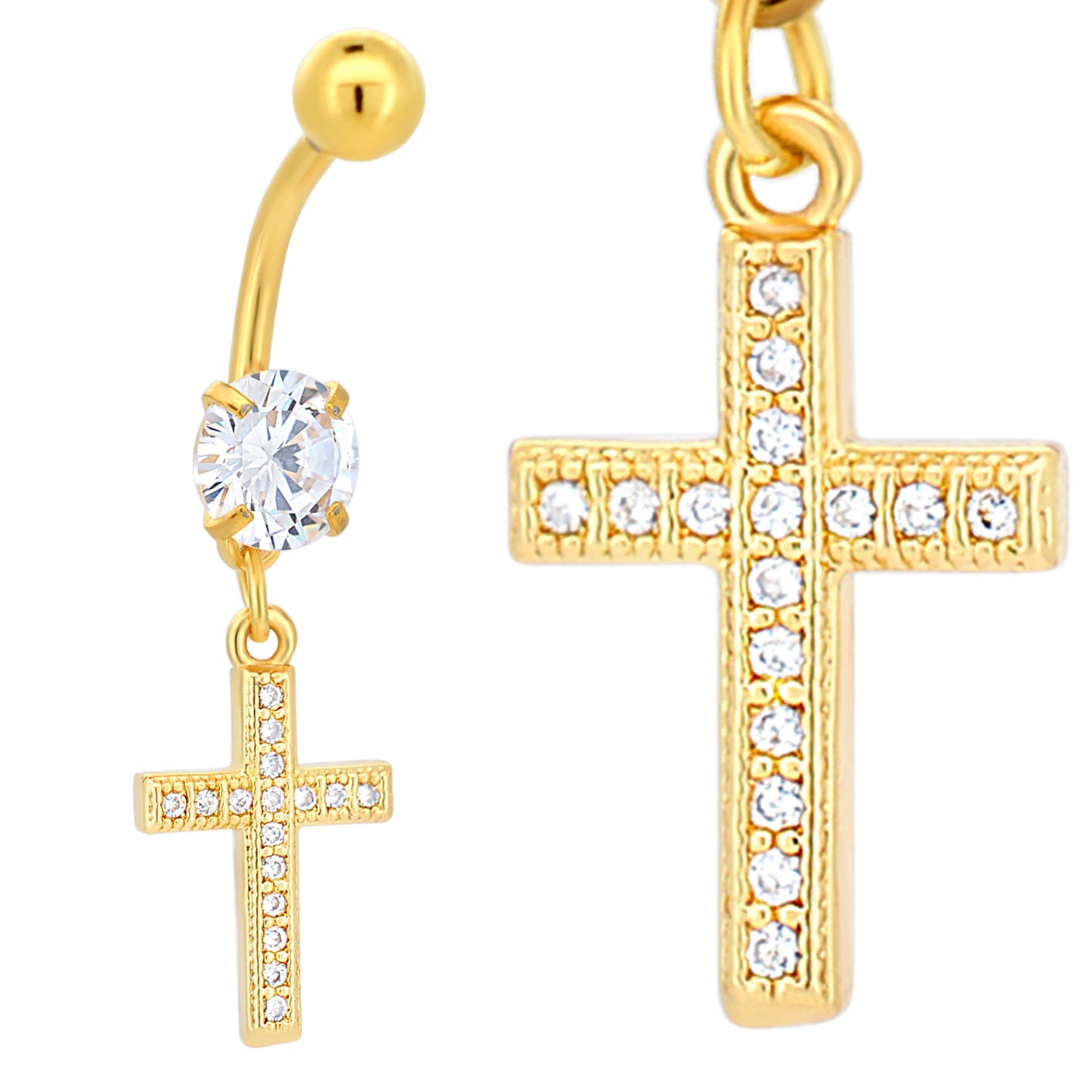 Stainless Steel Dangling Cross Belly Ring with Multi CZ, Religious Belly Piercing, Body Jewelry, Gift for Her