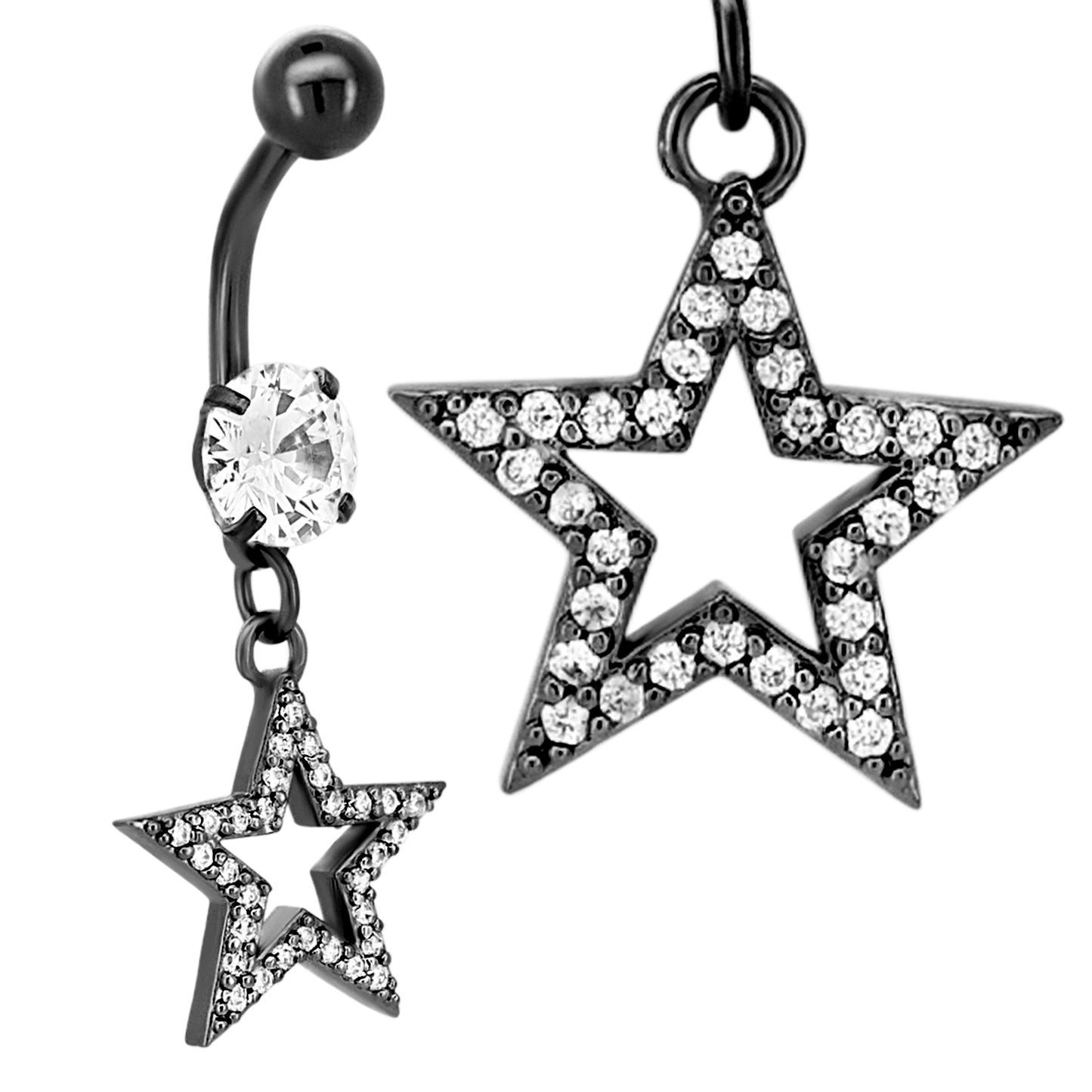 Dangling Star Belly Ring with Zircon Design, 316L Stainless Steel, Unique Navel Piercing, Body Jewelry