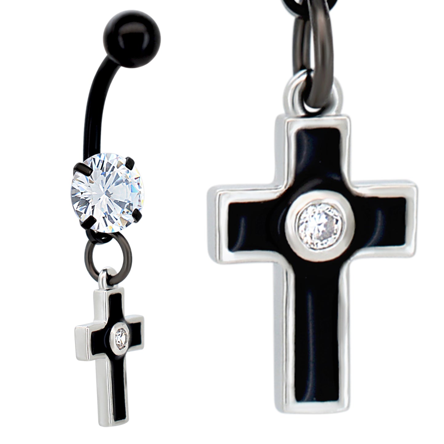 Belly Ring Jewelry 316L Stainless Steel Dangling Cross with Bezel Zircon Design