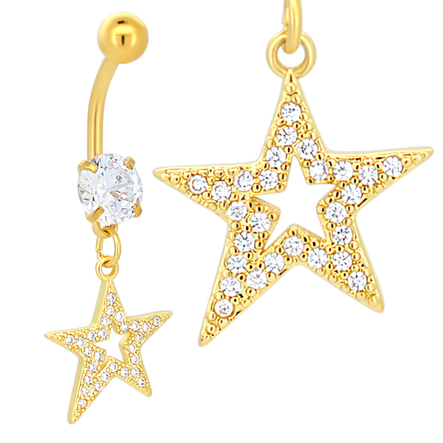 Oblique Hollow Star CZ Belly Ring, Stainless Steel Dangle, Multi CZ Navel Ring, Belly Button Jewelry