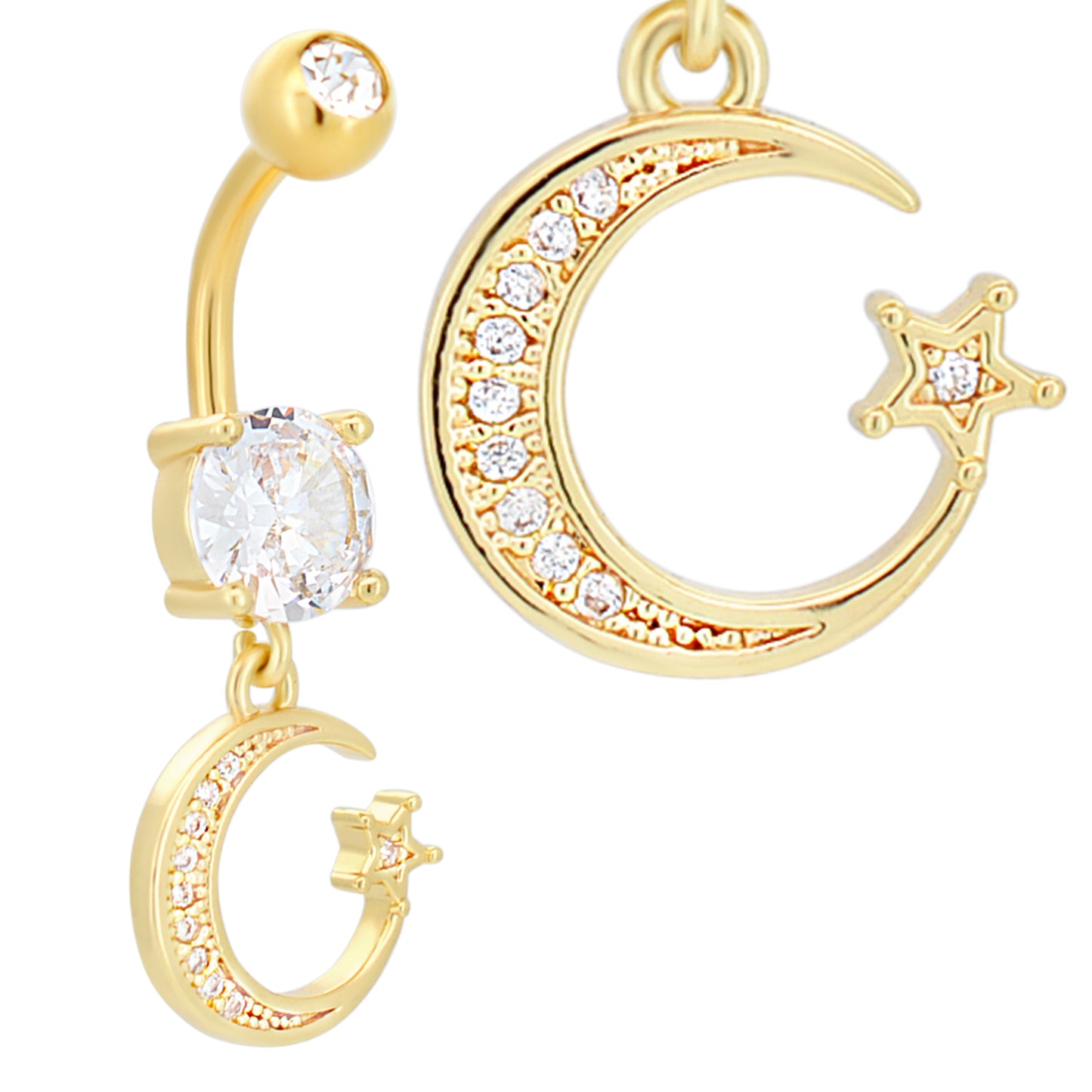 Dainty Crescent Moon Belly Ring, Stainless Steel Dangle with Star & Zircon, Hypoallergenic Navel Jewelry