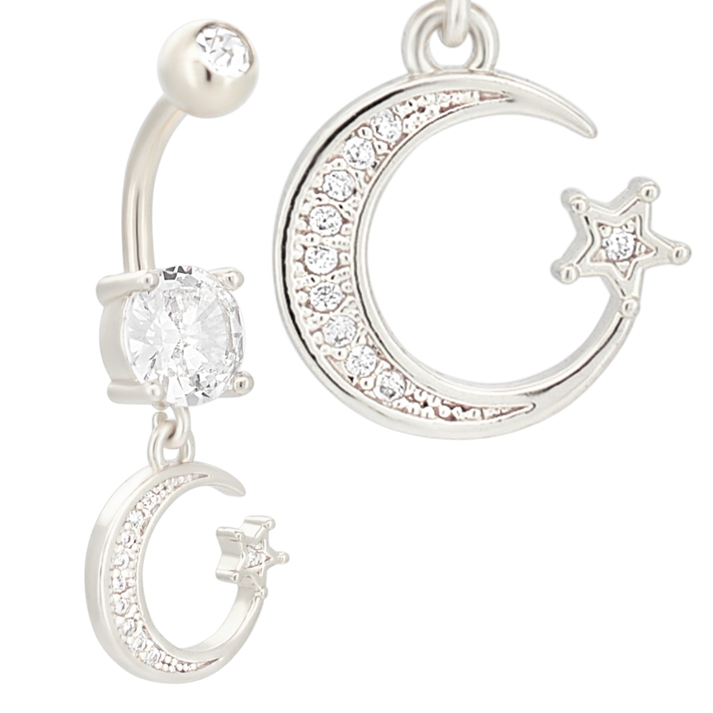 Dainty Crescent Moon Belly Ring, Stainless Steel Dangle with Star & Zircon, Hypoallergenic Navel Jewelry