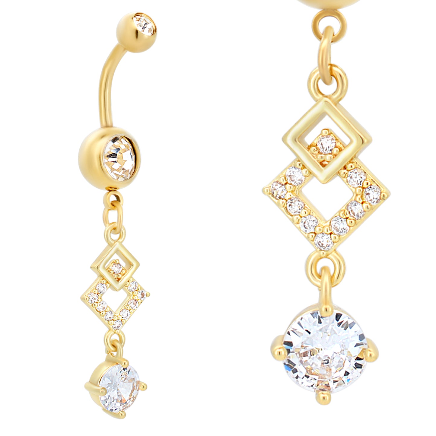 Dangling Diamond Shape Belly Ring, Round Zircon Design, Stainless Steel Belly Button Piercing, Fashion Jewelry