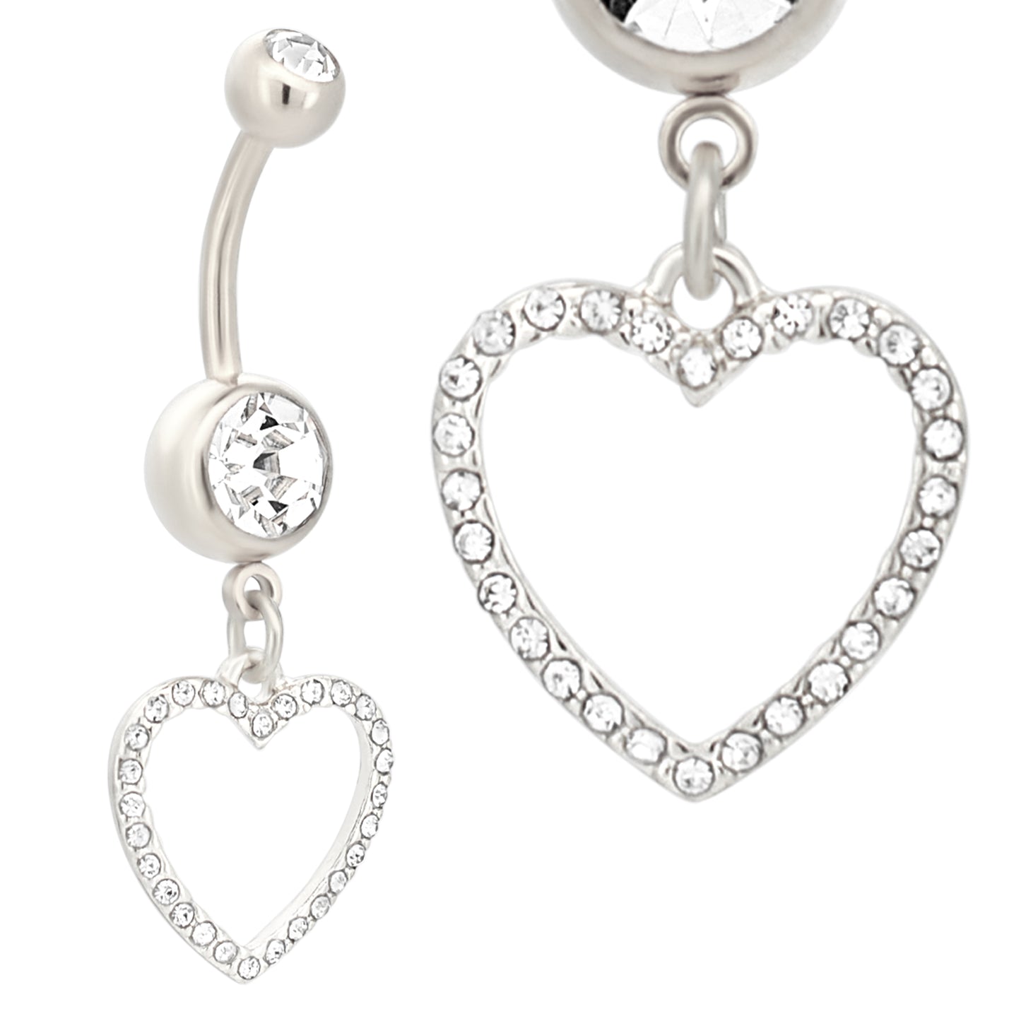 Stainless Steel Dangle Heart Belly Button Ring, Hollow Heart Zircon Design, Navel Piercing
