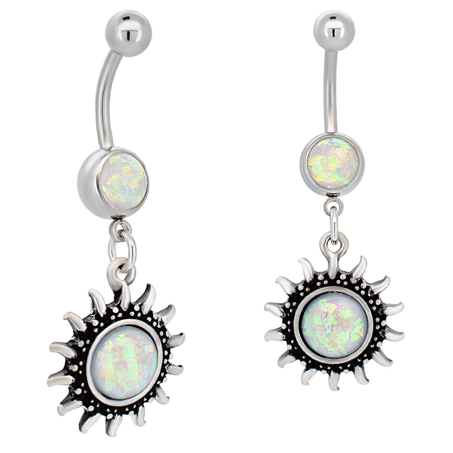316L Stainless Steel Sun Design Belly Ring, Opal Dangle Navel Piercing, Dangling Opal Sun Jewelry, Unique Belly Button Ring