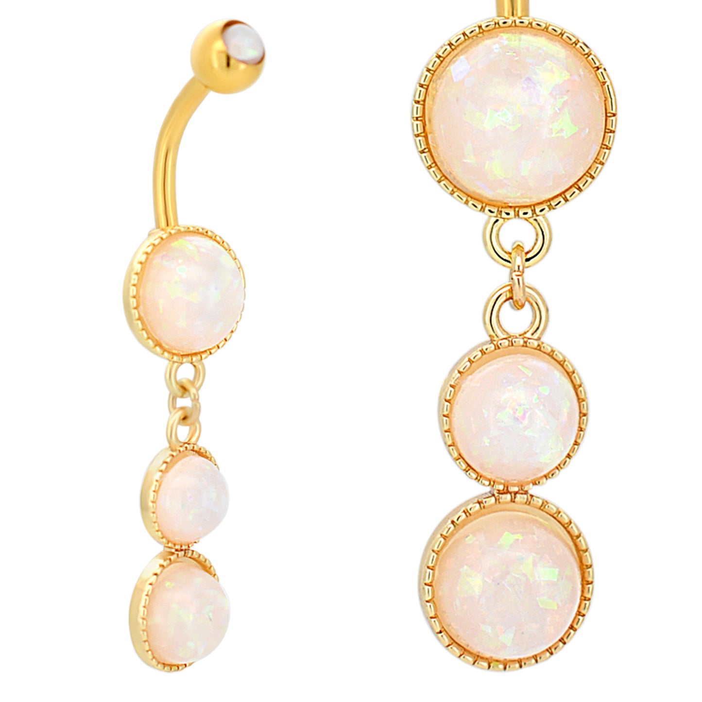 Stainless Steel Belly Ring with Opalite Triple Round Dangle, Navel Piercing Jewelry