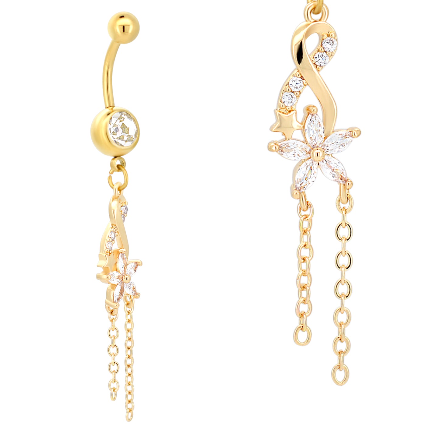 Dangling Infinity Flower Zircon Belly Ring, Stainless Steel Navel Jewelry, Floral Belly Button Piercing, Gift for Her