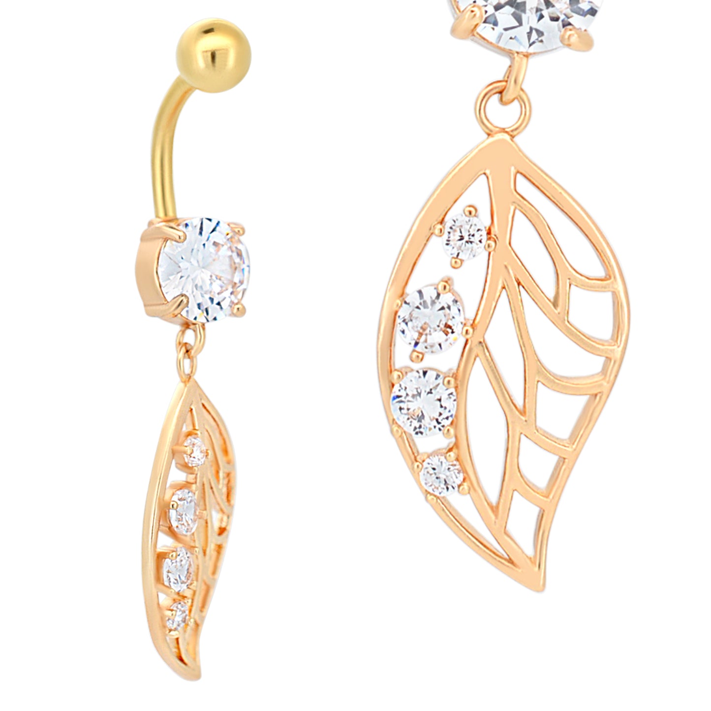 Stainless Steel Dangling Leaf Belly Ring, Zircon Design Navel Jewelry, 4 Prong Set Belly Button Ring