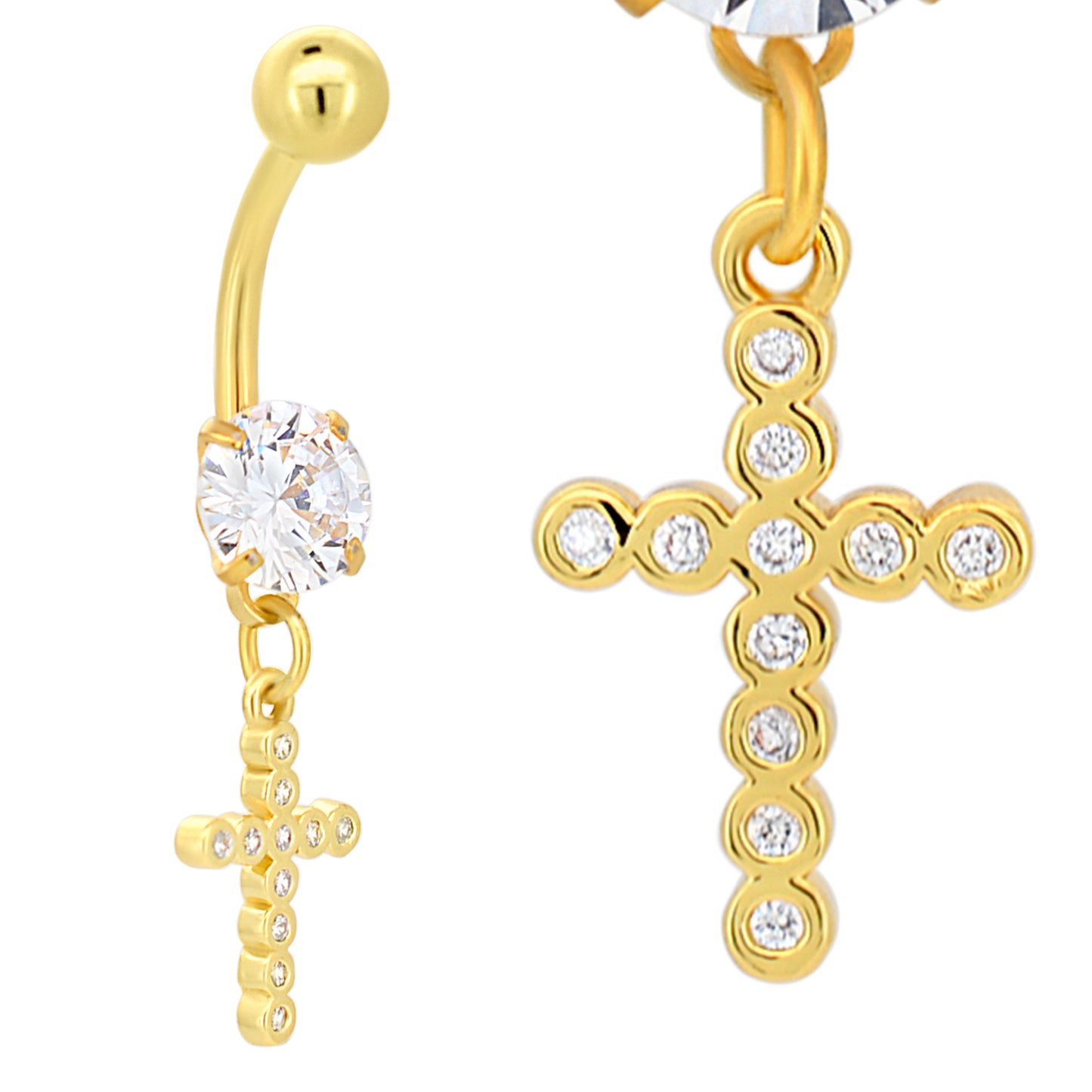 316L Steel Bezel Cross Belly Ring, Dangling Zircon, Religious Jewelry, Elegant Body Piercing, Hypoallergenic Steel