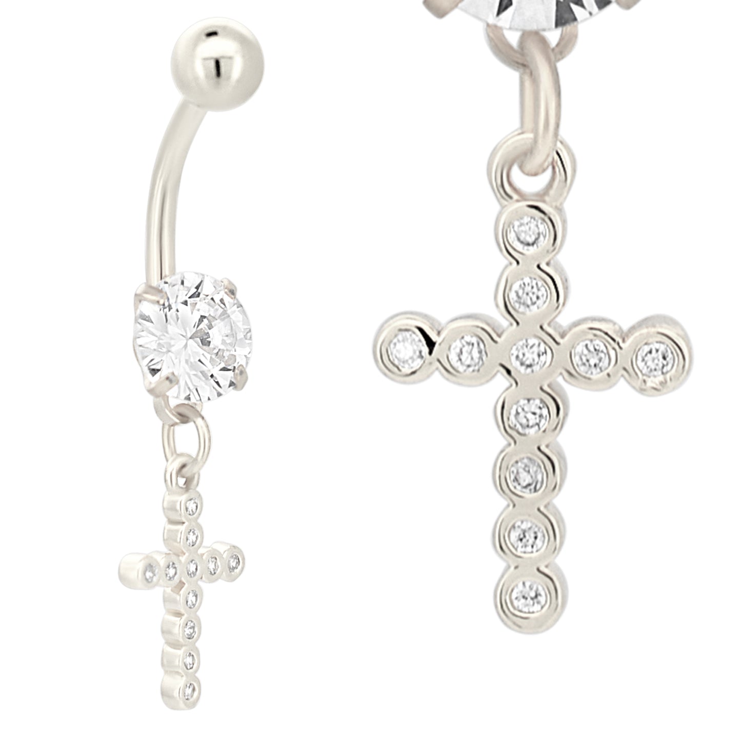 316L Steel Bezel Cross Belly Ring, Dangling Zircon, Religious Jewelry, Elegant Body Piercing, Hypoallergenic Steel