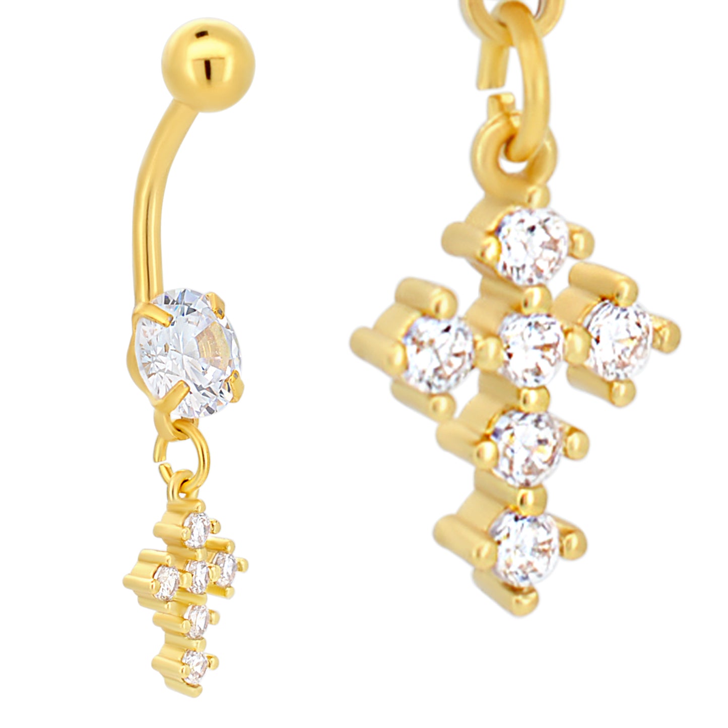 Stainless Steel Zircon Cross Dangle Belly Ring, Prong Dangling Navel Jewelry, Zircon Design Navel Ring