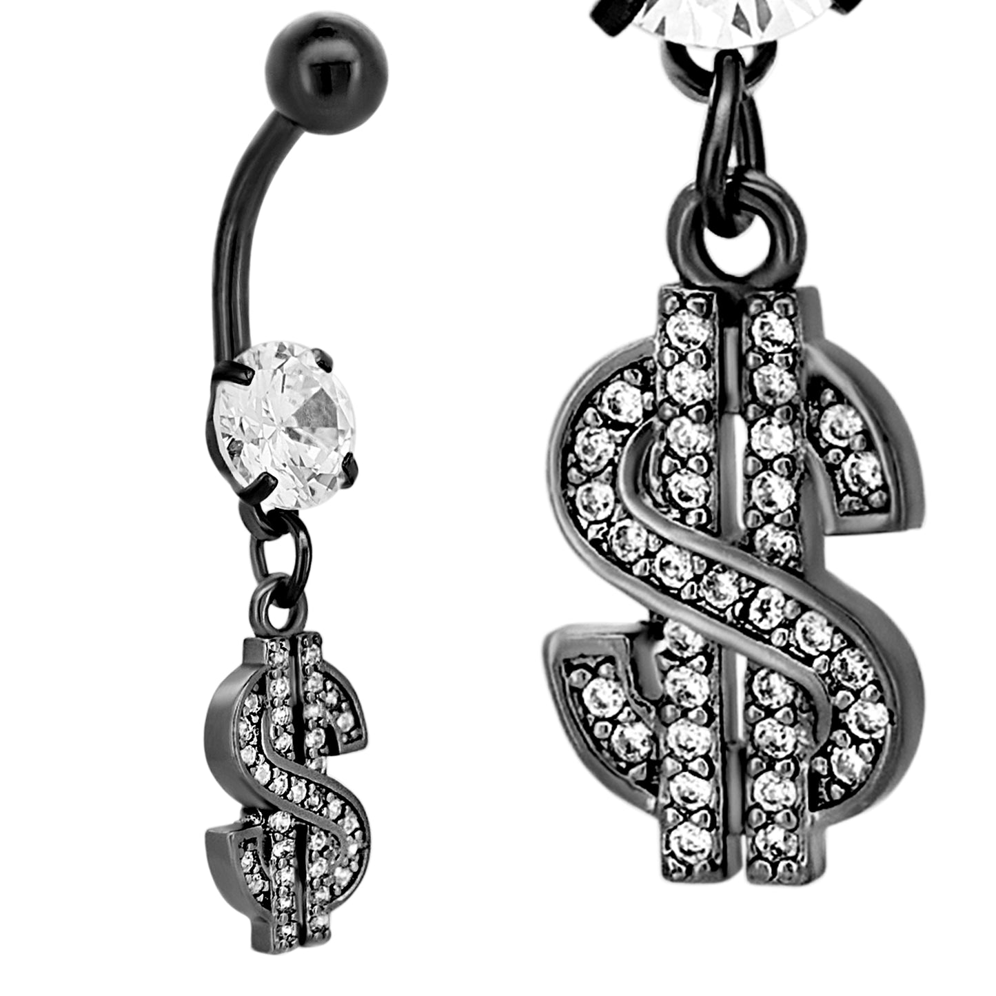Stainless Steel Dangling Dollar Sign Belly Ring, Zircon Design Navel Jewelry, Money Charm Belly Button Ring
