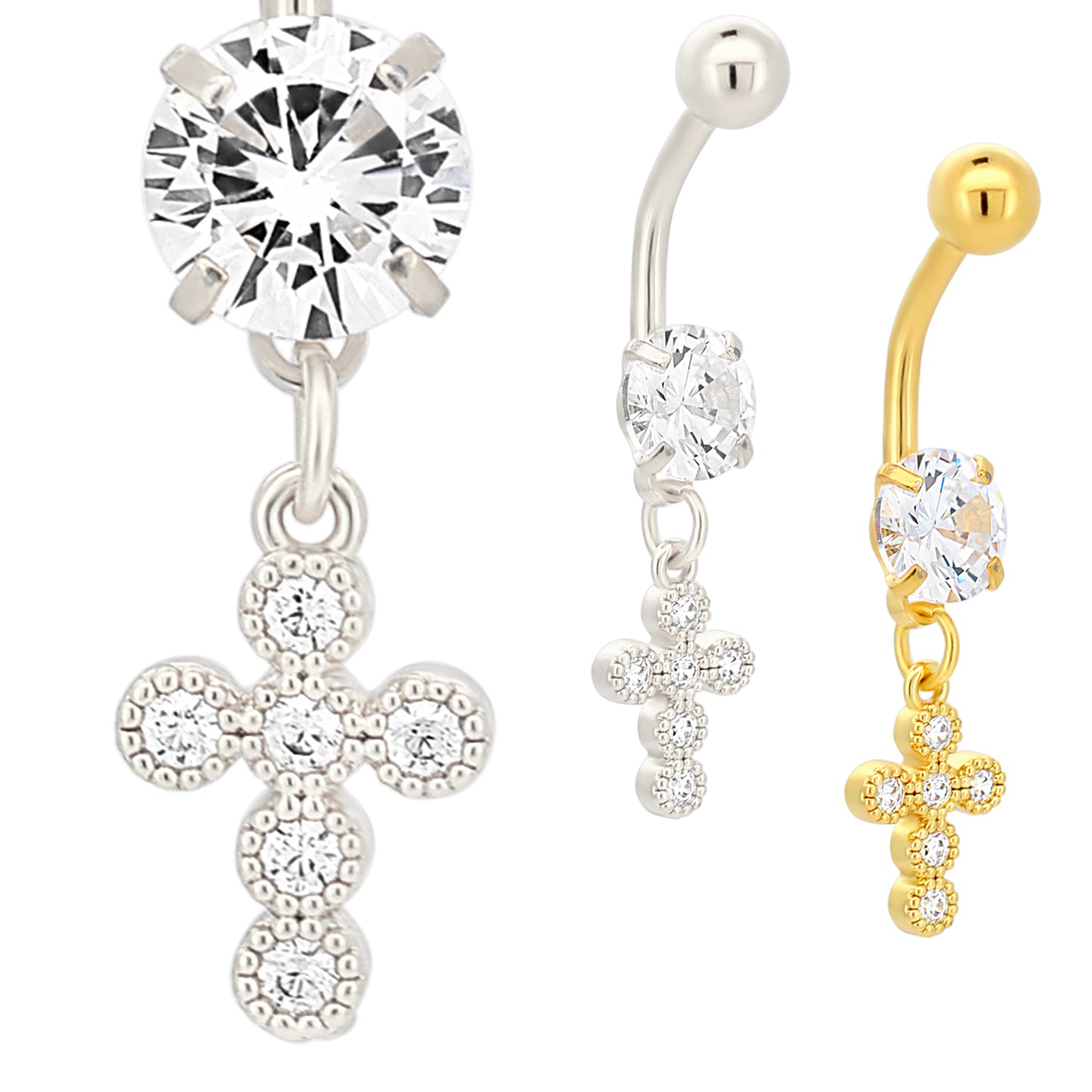 316L Stainless Steel Dangling Cross Bezel with Zircon Design Belly Ring