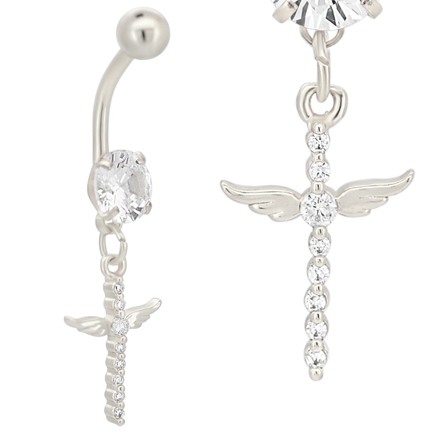Dangling Cross Angel Wing Belly Ring, Stainless Steel Zircon Design, Body Jewelry, Unique Navel Ring