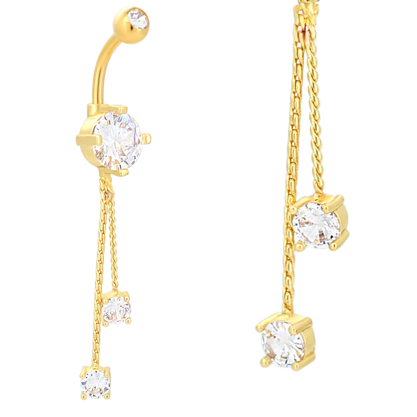 Dangling Hanging Round Zircon Belly Ring, Prong Design, Stainless Steel Jewelry, Statement Navel Piercing