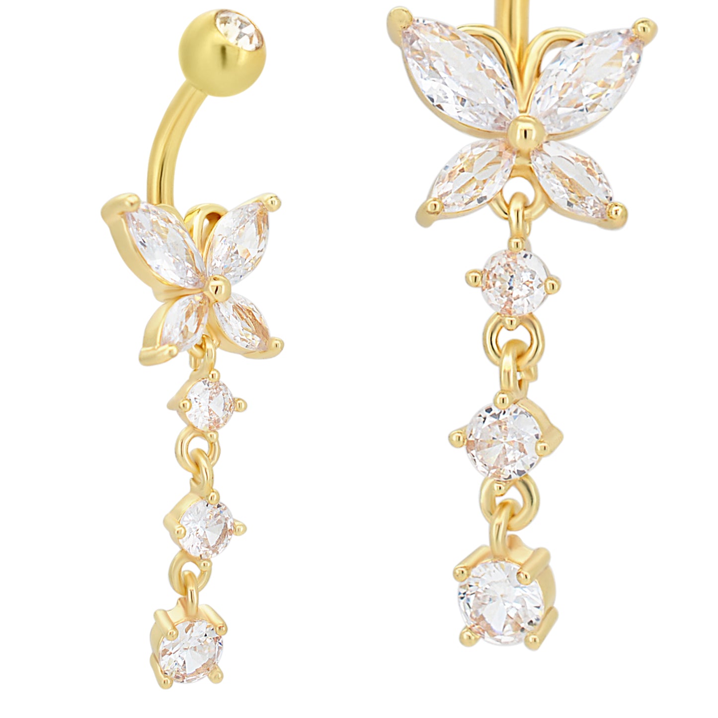 Butterfly Belly Ring, Stainless Steel Dangle Navel Piercing, Prong Design Jewelry