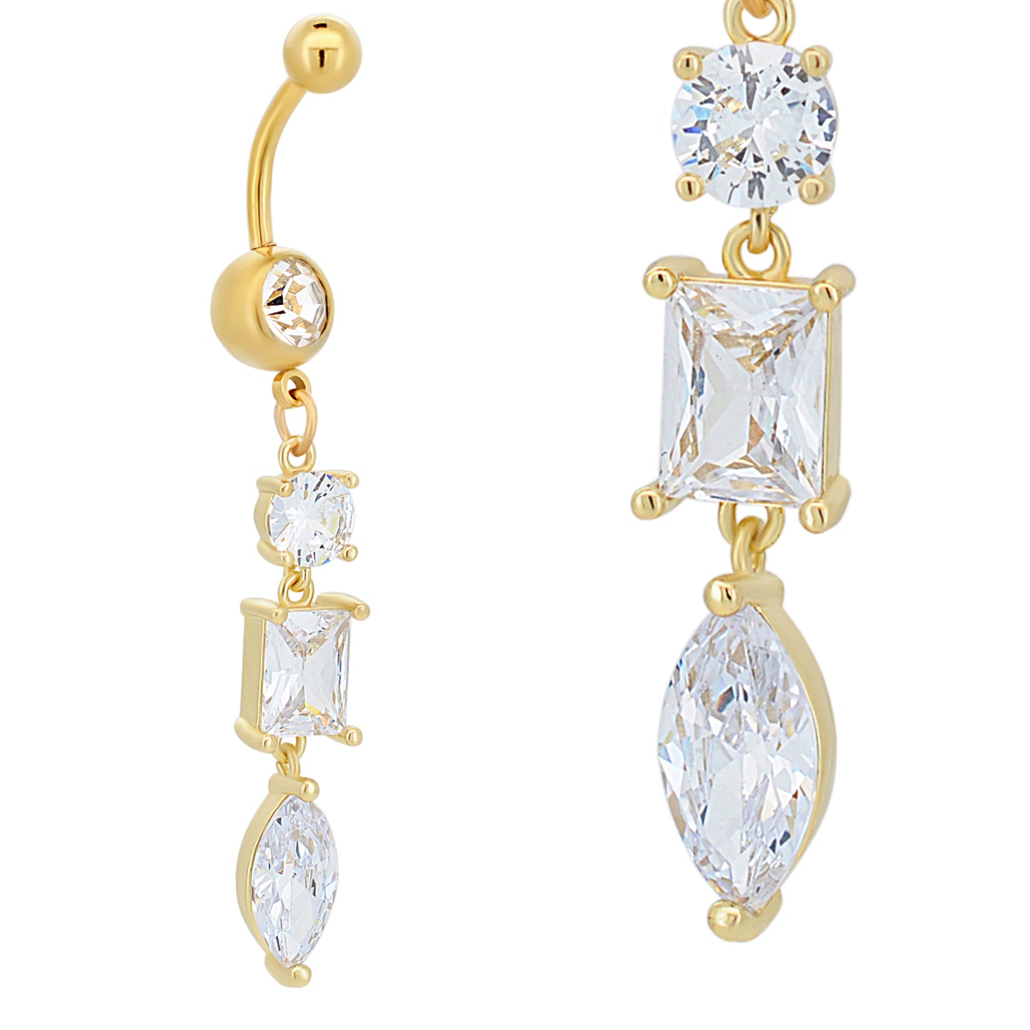 Stainless Steel Dangling 3 Shapes Belly Ring, Round, Rectangle, Oval Design, Navel Piercing, Body Jewelry