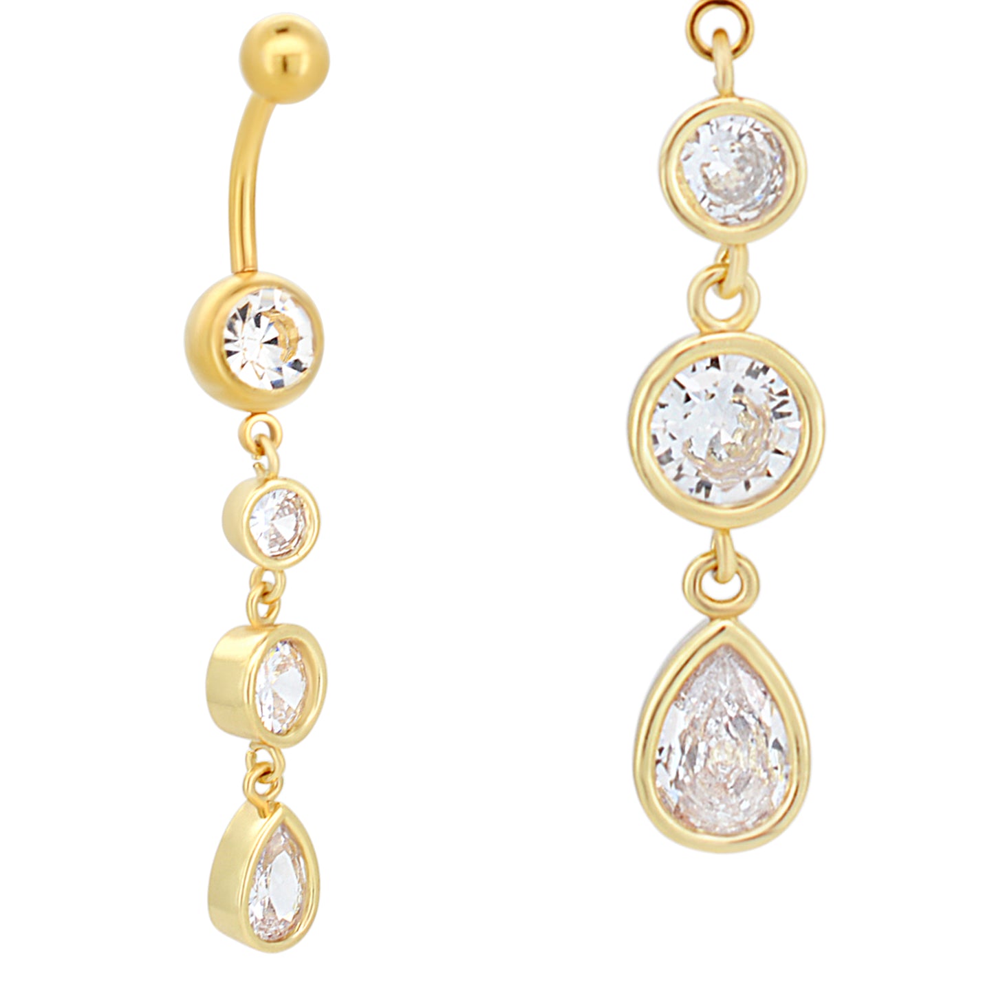 Round and Teardrop Design Belly Button Ring, Stainless Steel Dangling Bezel Navel Piercing