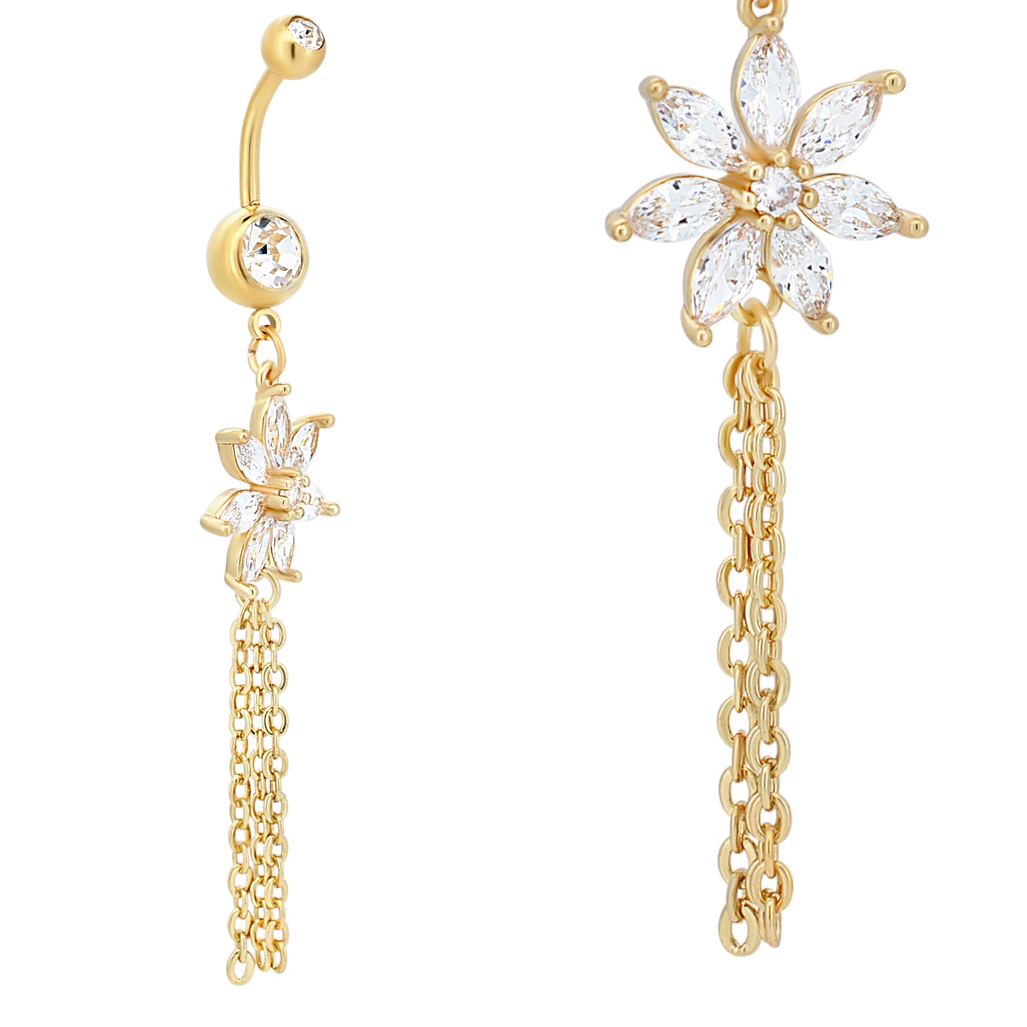 316L Stainless Steel Chain Design Belly Ring with Dangling Flower, Floral Navel Piercing, Unique Body Jewelry