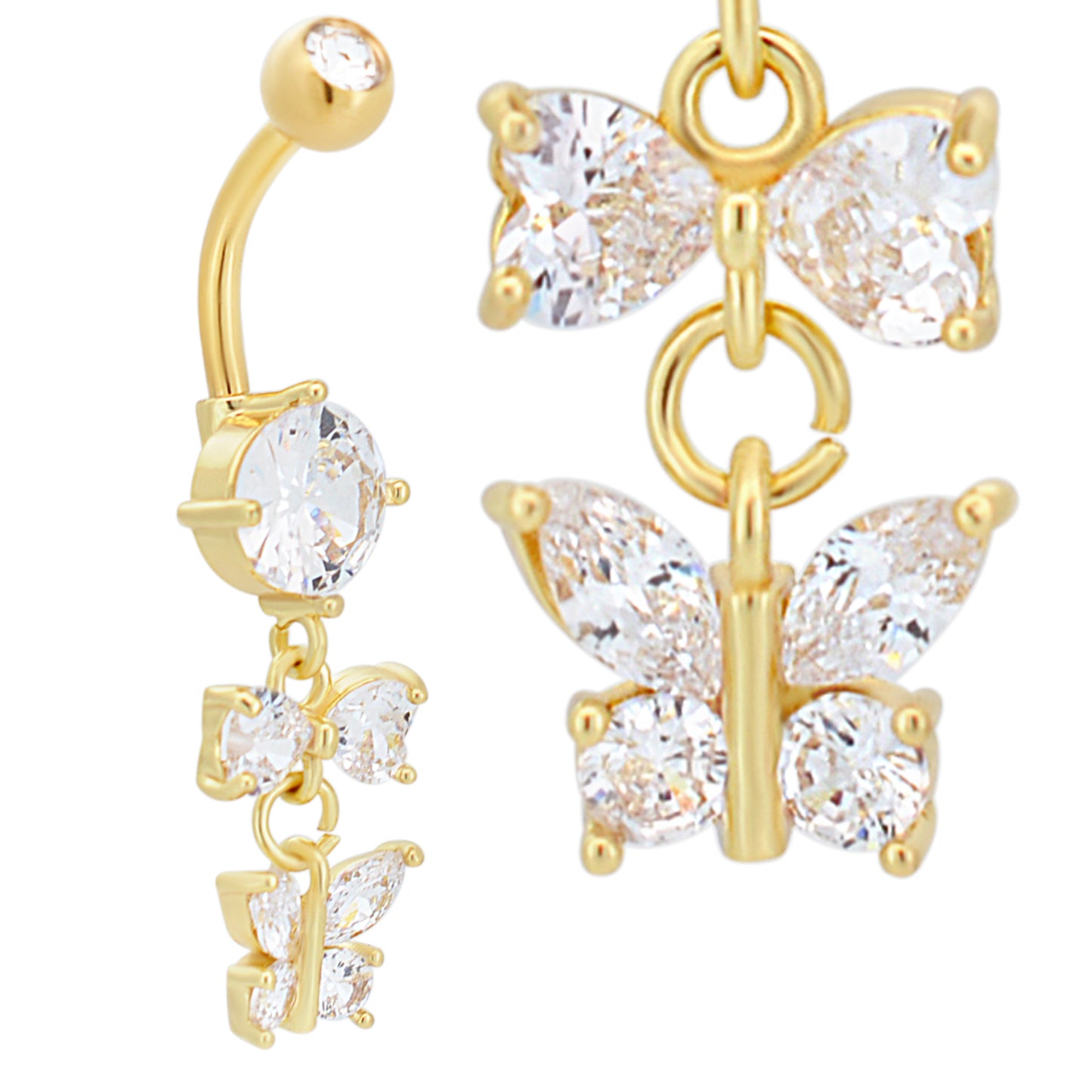 316L Stainless Steel Dangling Bow and Butterfly Zircon Design Belly Ring