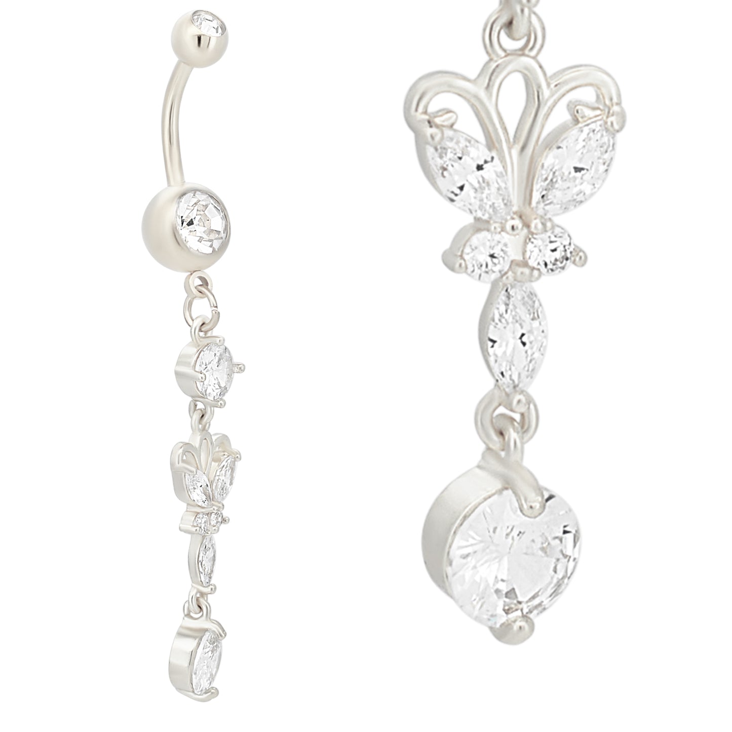 316L Stainless Steel Dangling Butterfly with Round Prong Zircon Design Belly Ring