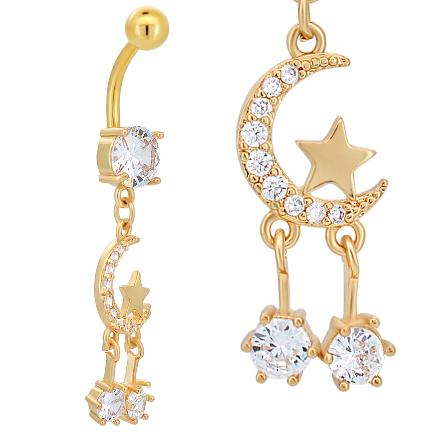 316L Stainless Steel Crescent Moon Belly Ring, Dangling Star Design, Navel Piercing Jewelry