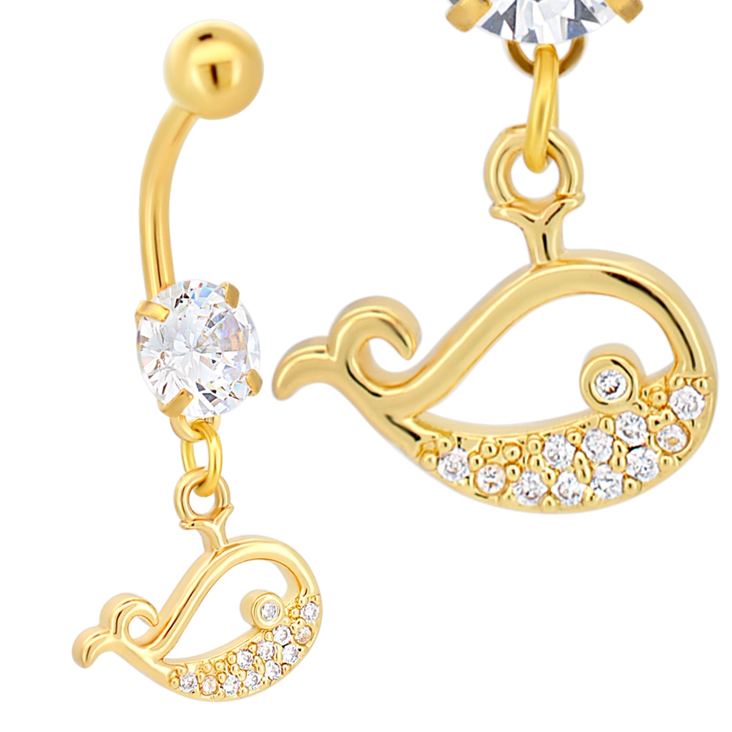 Whale Belly Ring, Dangling Blue Whale with CZ, Stainless Steel Navel Jewelry, Ocean-inspired Piercing