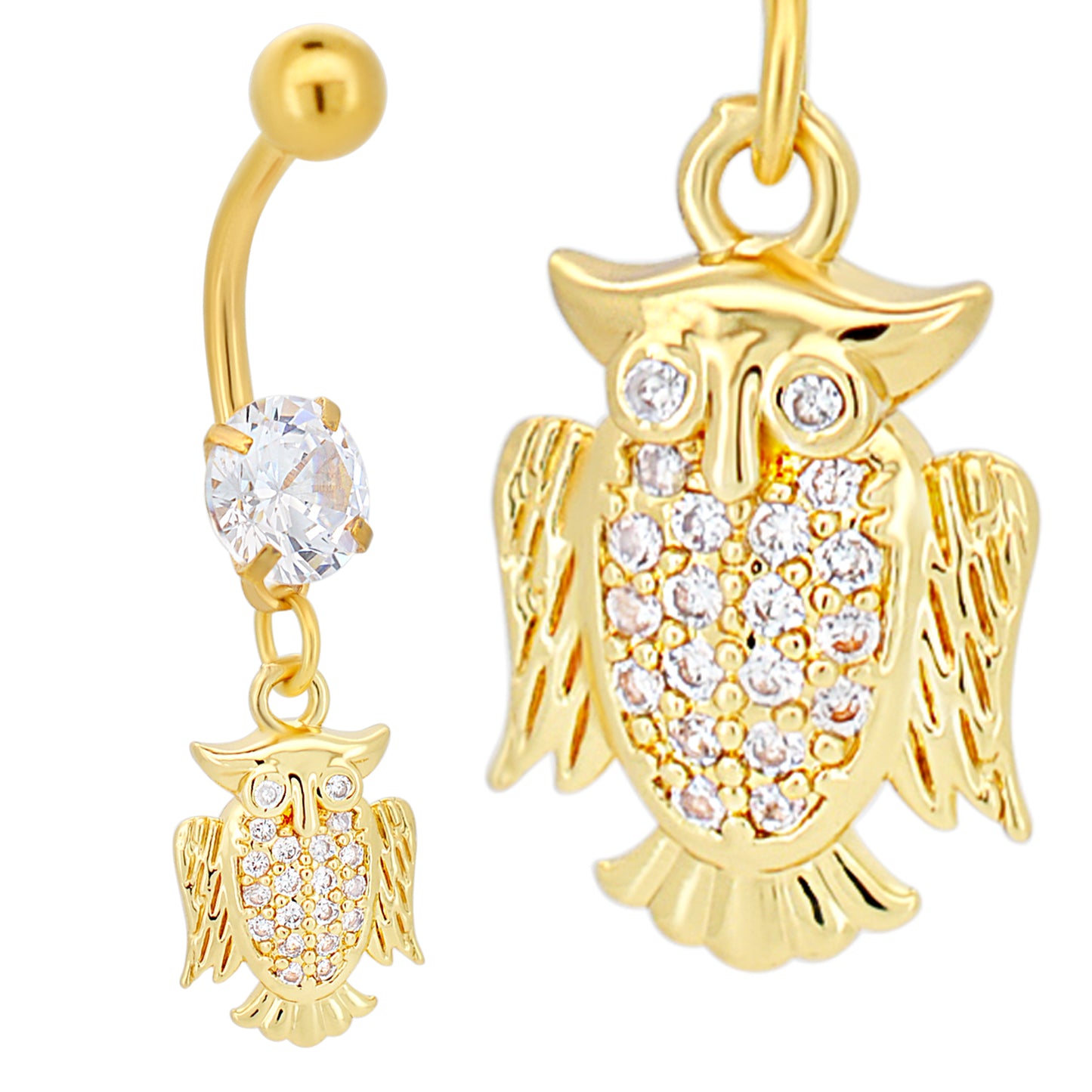 Stainless Steel Owl Belly Button Ring with CZ, Dangle Navel Piercing, Cute Owl Jewelry