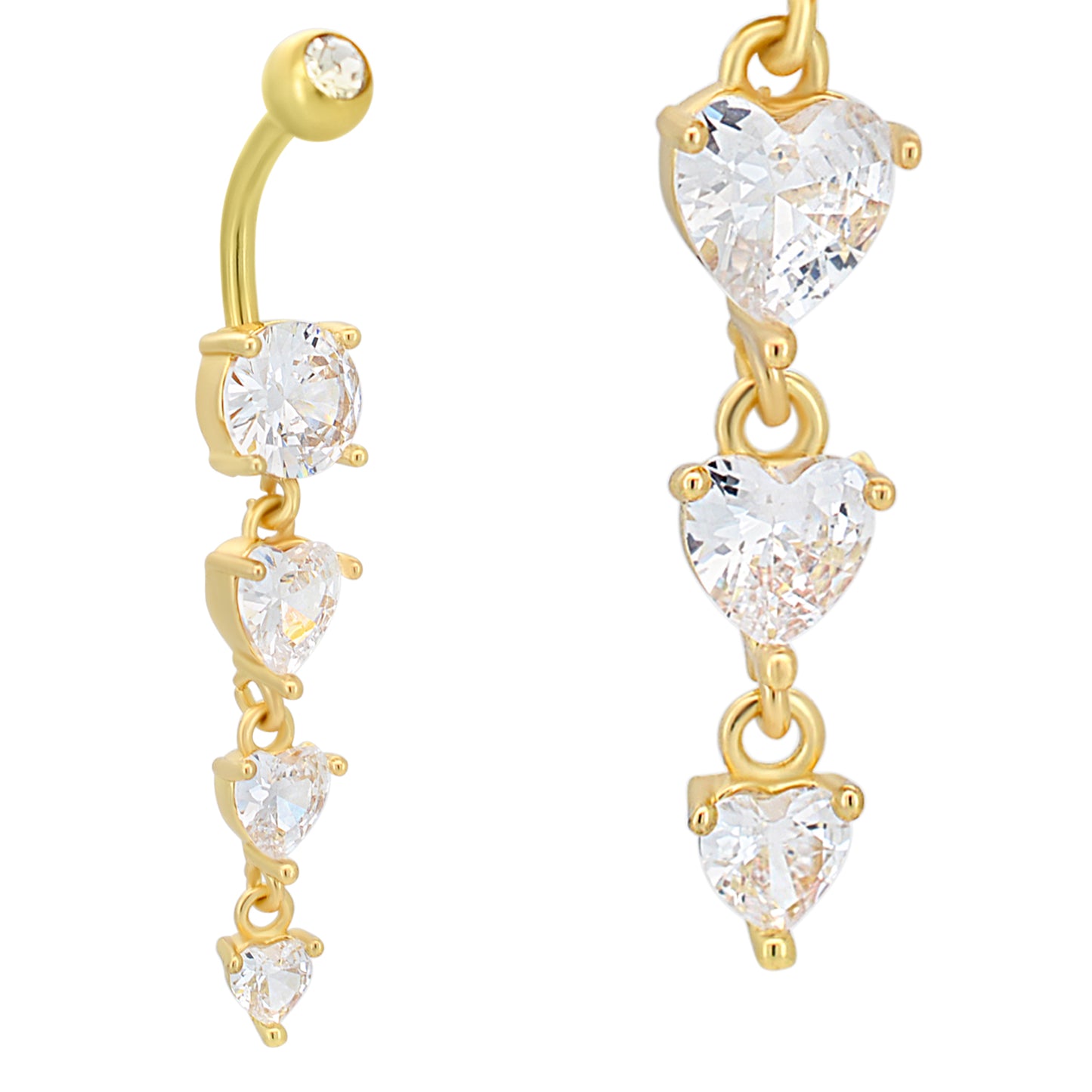 Dangling Line Heart Belly Ring, Round Zircon, Stainless Steel Navel Jewelry, Sparkling Belly Button Ring