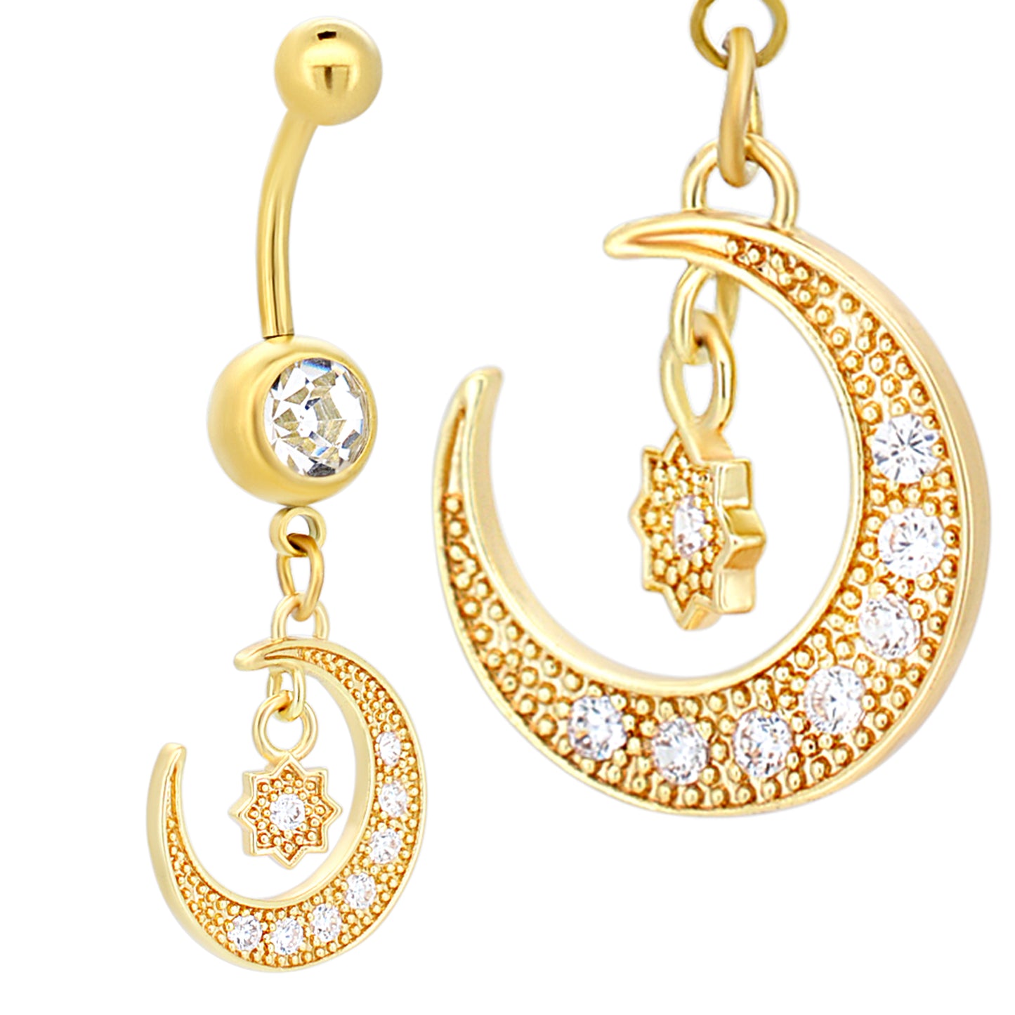 316L Stainless Steel Round Zircon with Dangling Moon and Starburst with Zircon Belly Ring