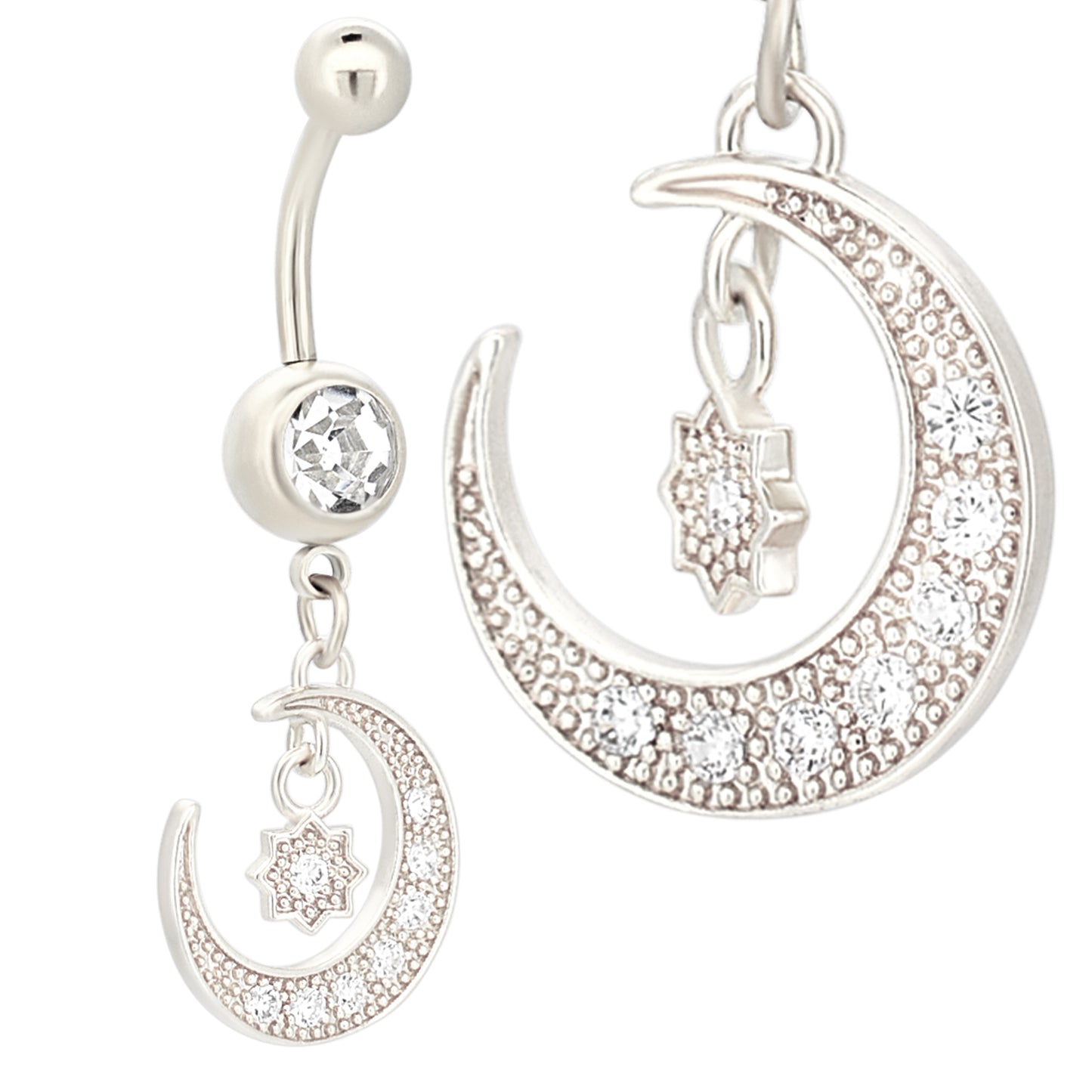 316L Stainless Steel Round Zircon with Dangling Moon and Starburst with Zircon Belly Ring