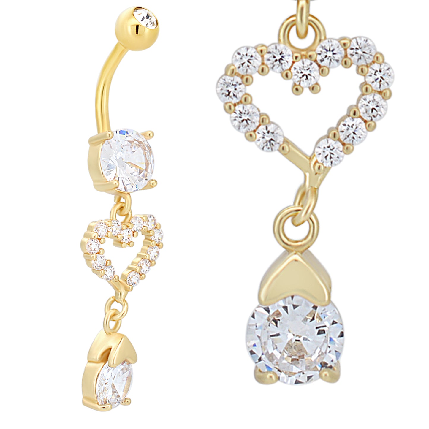 Stainless Steel Zircon Heart Belly Ring, Dangling Navel Piercing, Zircon Dangle, Belly Button Jewelry