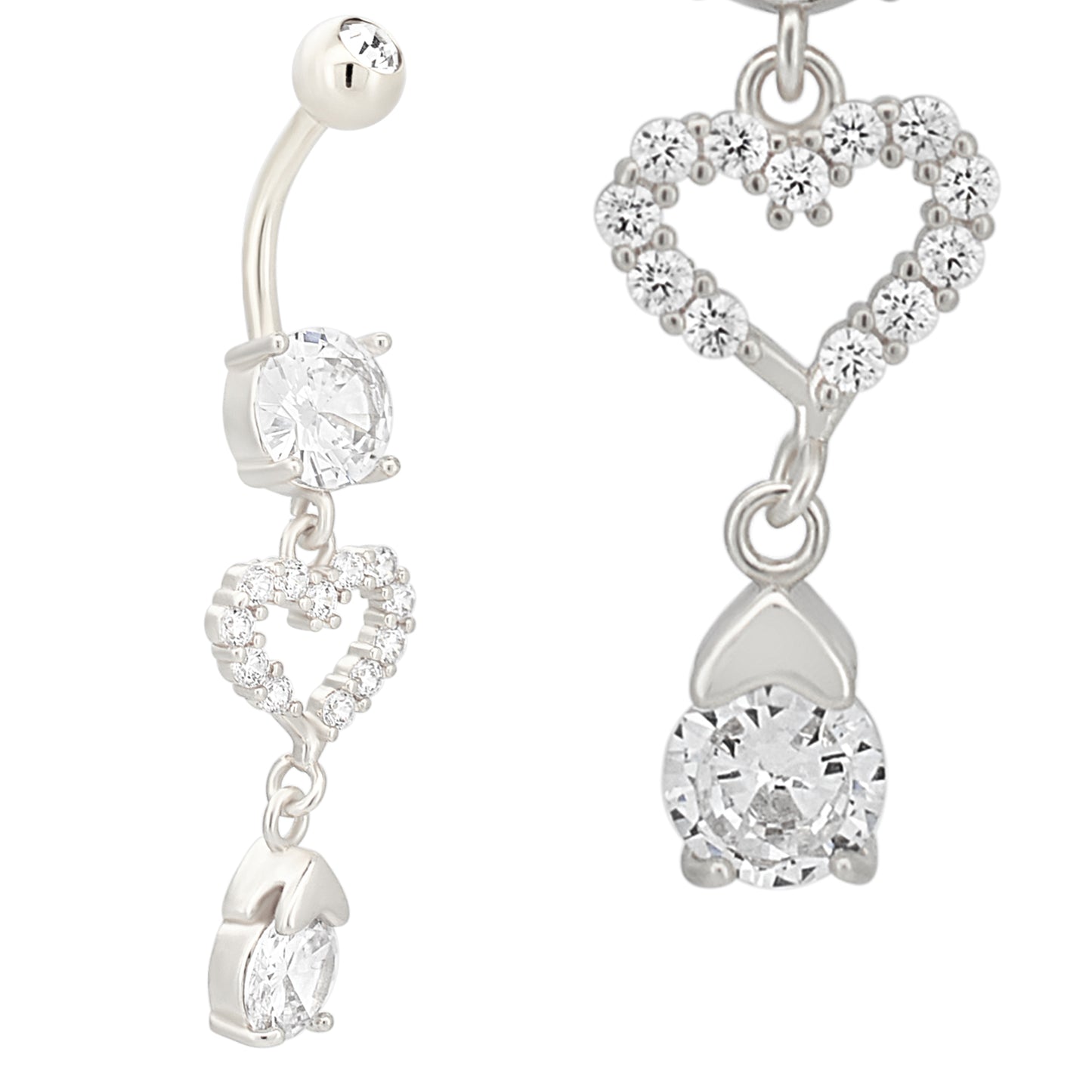 Stainless Steel Zircon Heart Belly Ring, Dangling Navel Piercing, Zircon Dangle, Belly Button Jewelry