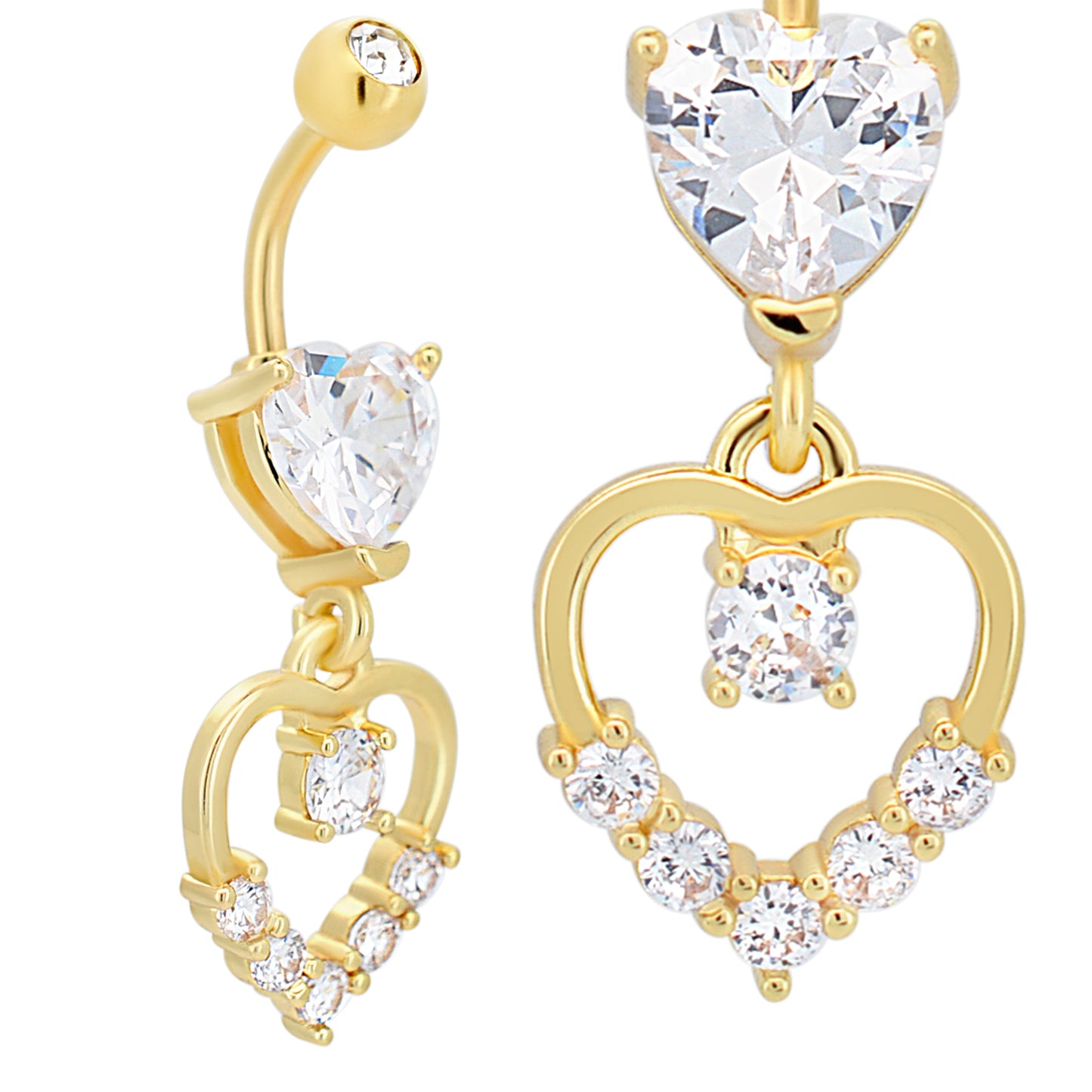 Heart Shaped Zircon Stainless Steel Belly Ring, Dangling Hollow Heart, Zircon Belly Button Jewelry
