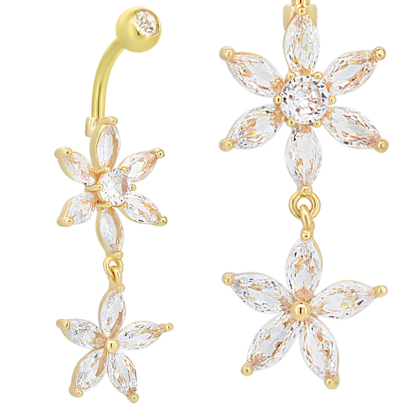 Stainless Steel Flower Belly Ring with Zircon, Double Flower Navel Piercing, Body Jewelry