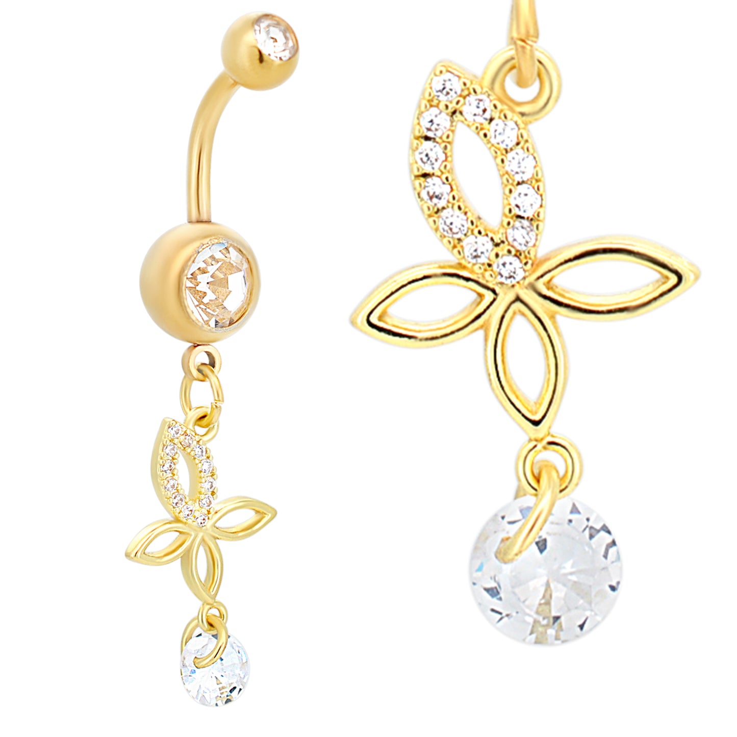 316L Stainless Steel Round Zircon In Bezel Setting with Dangling Butterfly with Round Zircon Belly Ring