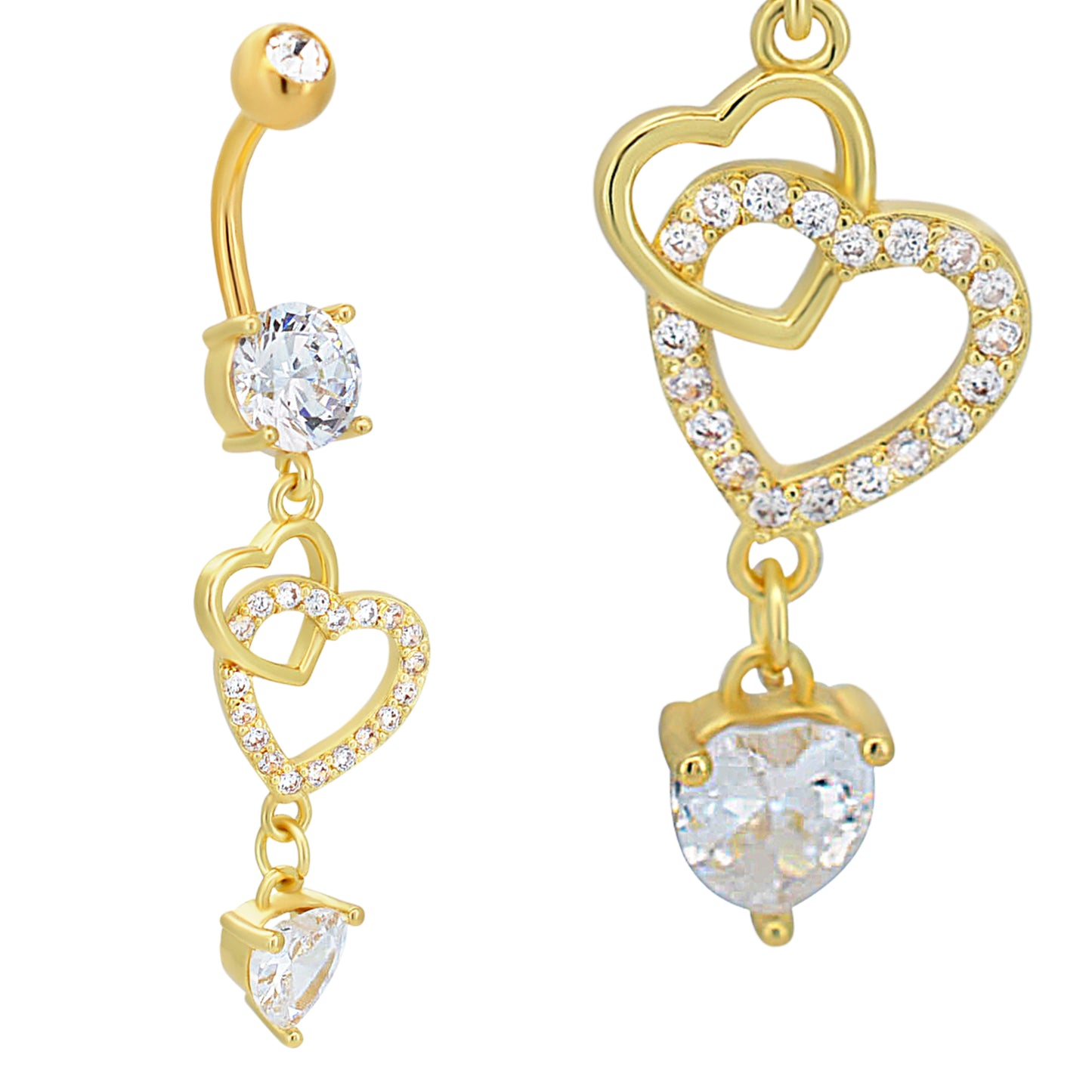Dangling Hollow Heart Belly Ring with Zircon Hearts, 316L Stainless Steel, Heart Shaped Zircon, Body Piercing Jewelry