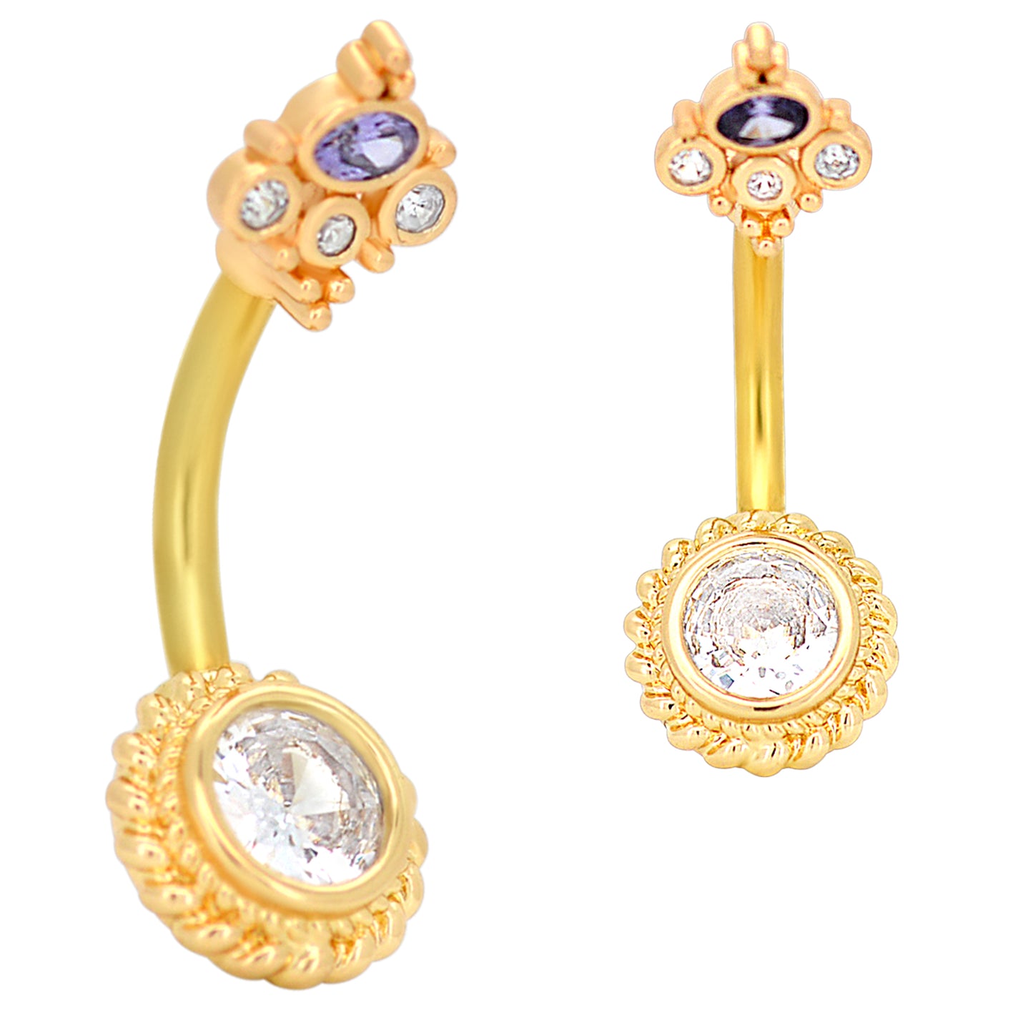 Top Crown Banana Belly Ring, Stainless Steel CZ Flower Navel Jewelry, Round Belly Button Ring