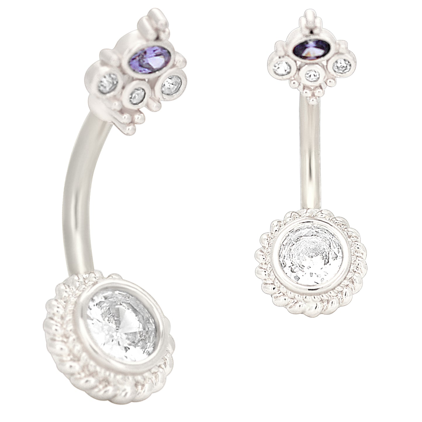 Top Crown Banana Belly Ring, Stainless Steel CZ Flower Navel Jewelry, Round Belly Button Ring