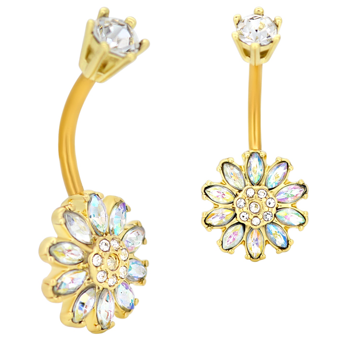 Sunflower Zircon Banana Belly Navel Ring, Stainless Steel Belly Jewelry, Flower Dangle Navel Piercing