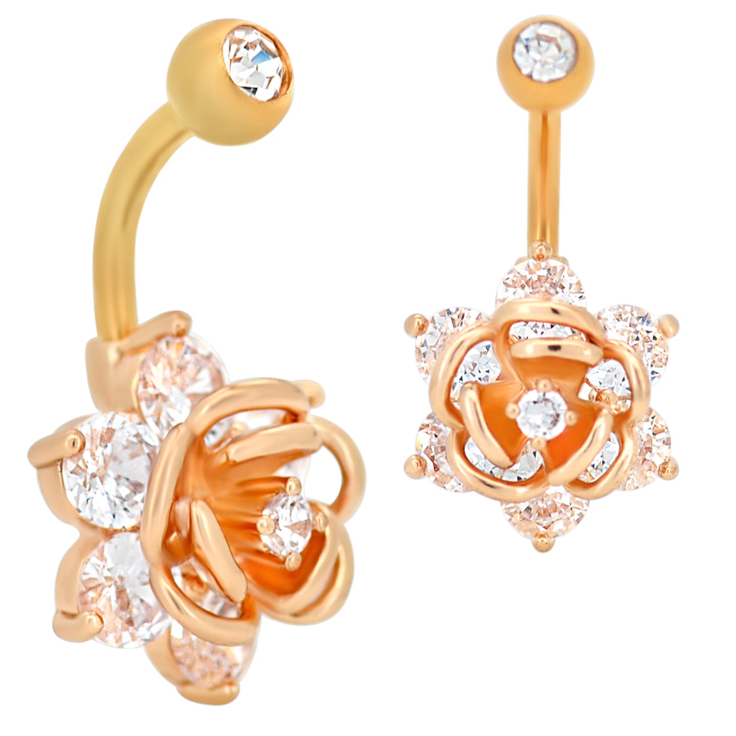 Rose Flower Zircon Banana Belly Navel Ring, Stainless Steel, Hypoallergenic, Body Jewelry, Gift for Her