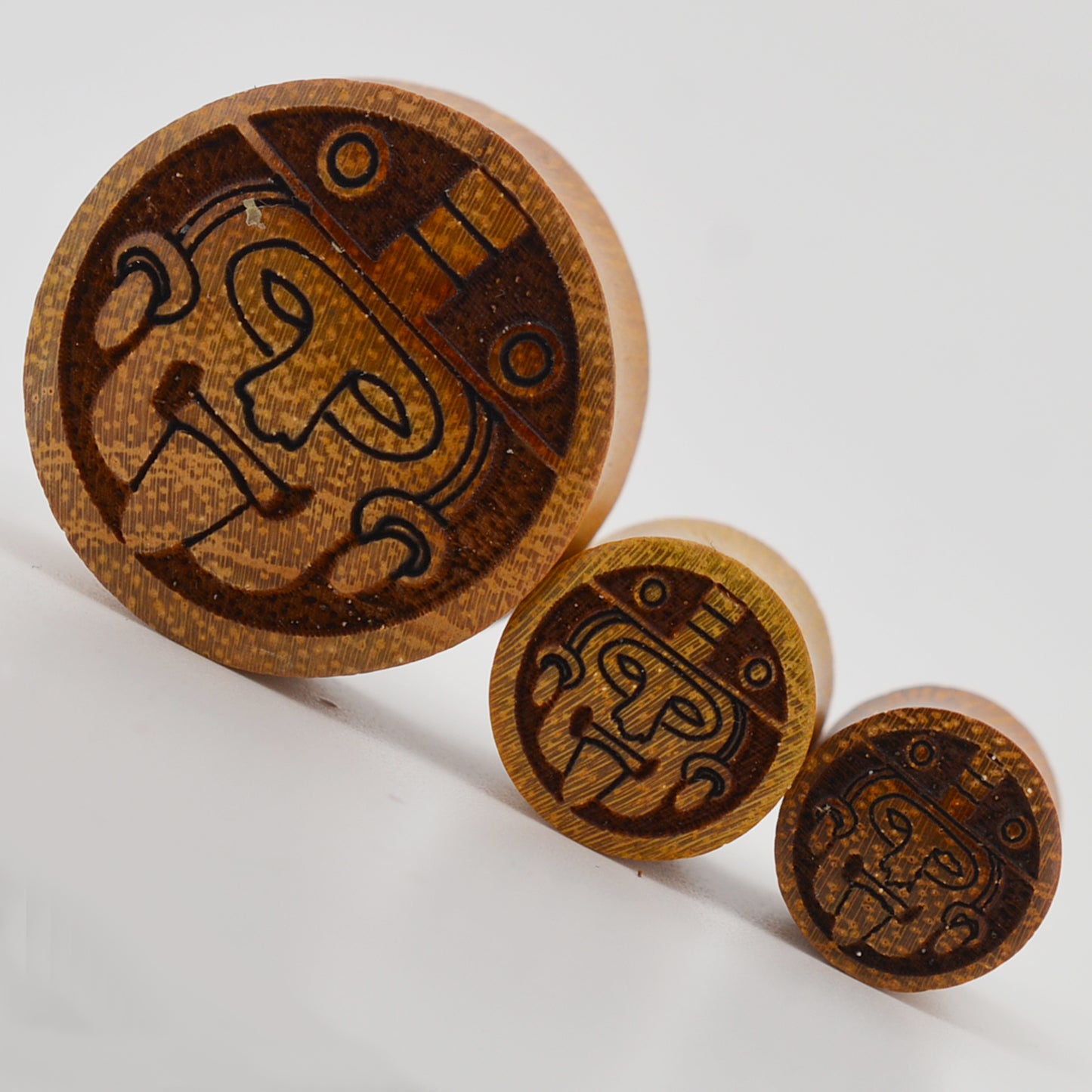 Handmade Aztec Warrior Gauges, Sono Wood Organic Plugs, Light Brown Carved Design, Tribal Ear Stretchers