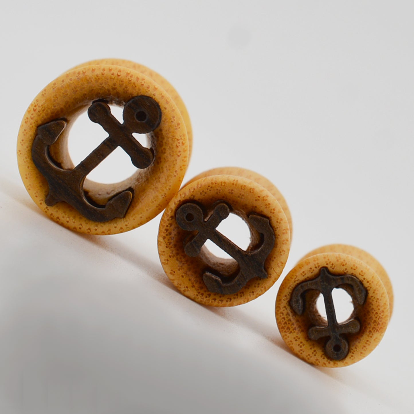 Ship Anchor Top Design Gauges, Light Brown Wood Tunnel Plugs, Organic Ear Gauges, Nautical Jewelry