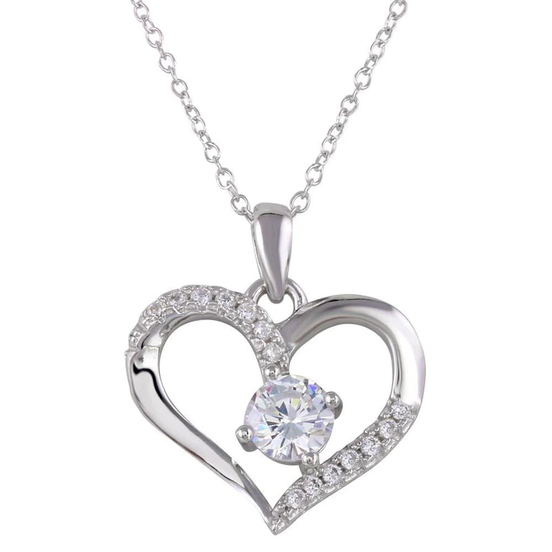 925 Sterling Silver CZ Studded Hollow Heart with Center CZ Stone Pendant Necklace