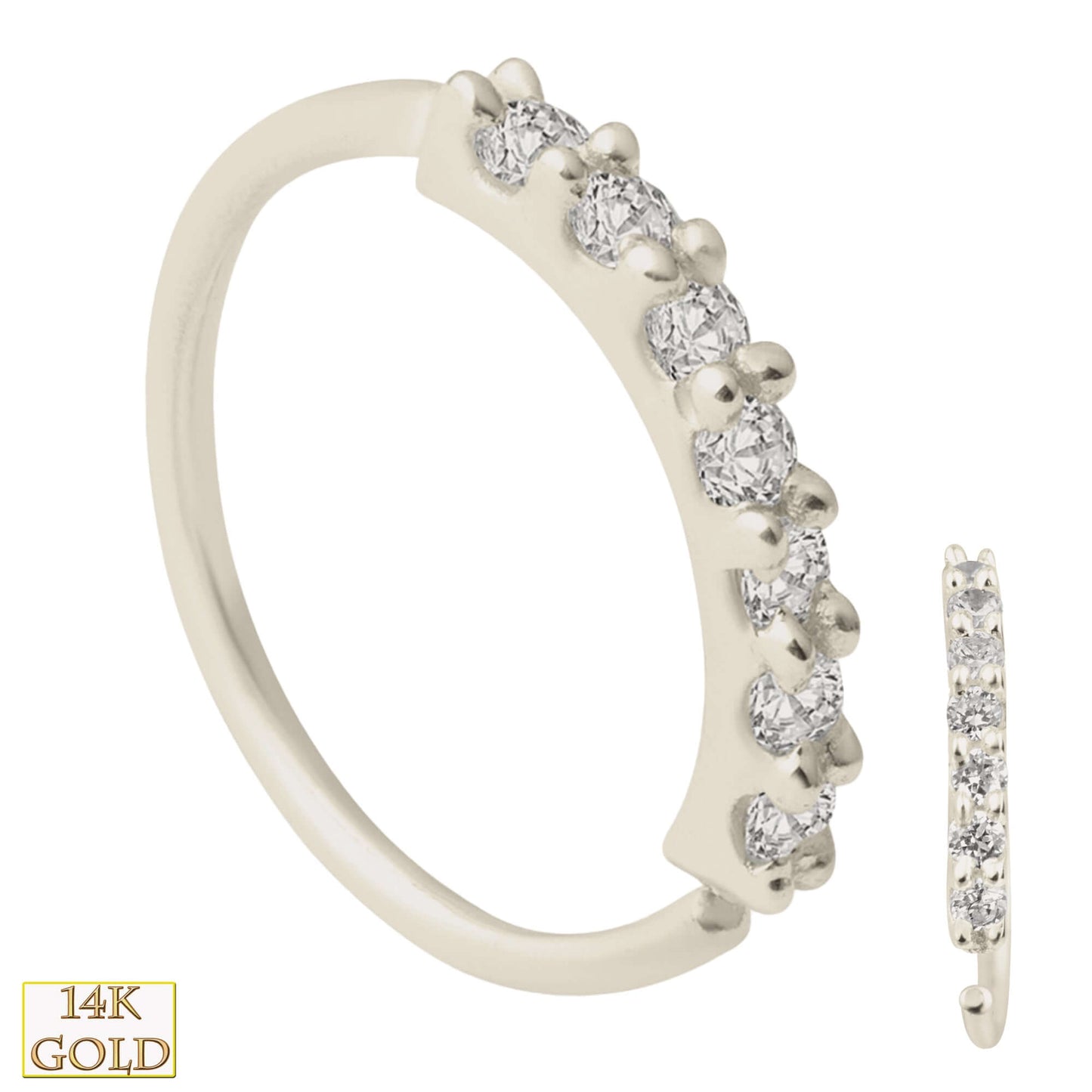 14k Solid Gold Prong Setting 7 Zircon Hoops, Twist Top Open, Piercing Earrings, Sexy Jewelz, Los Angeles